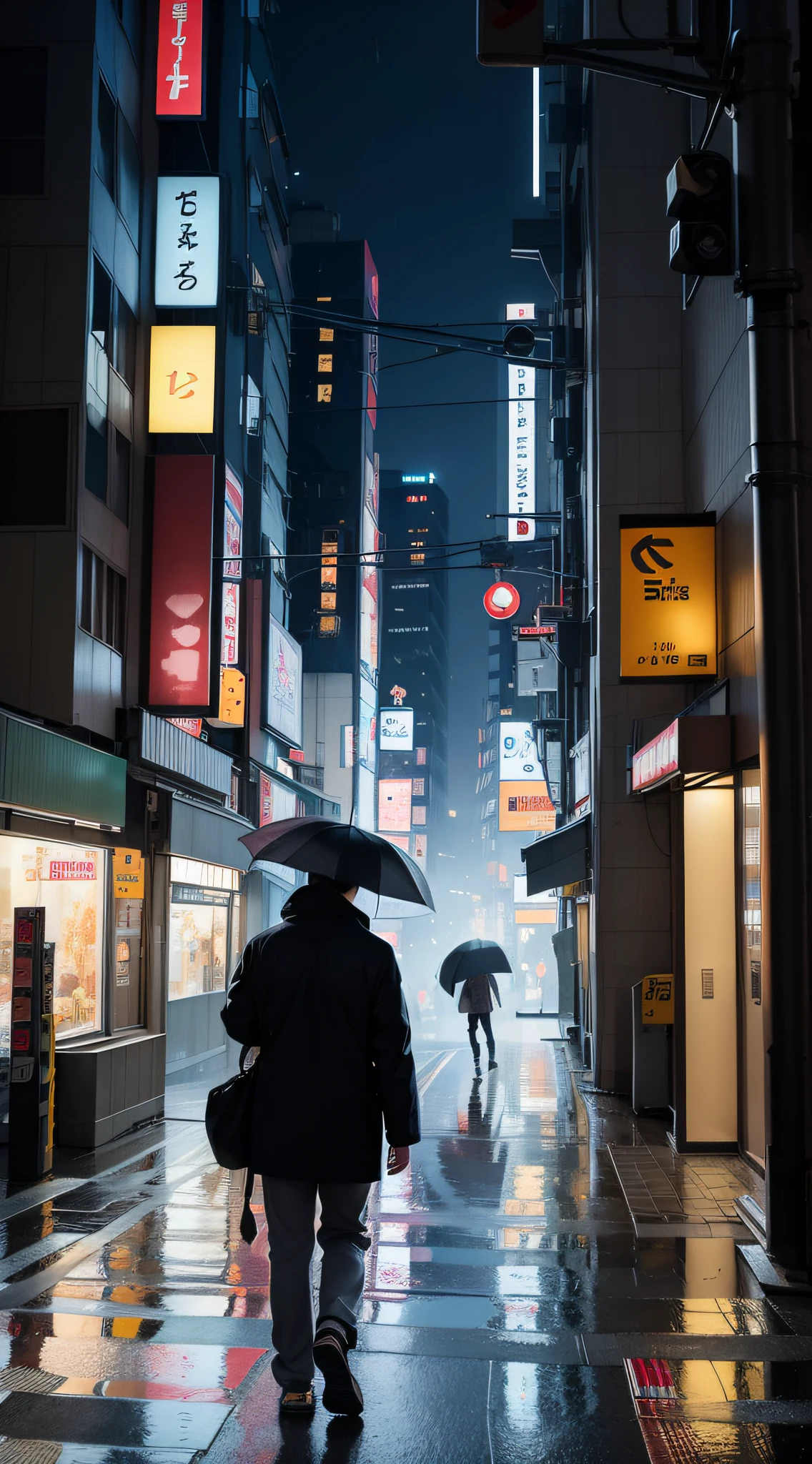 misty, rain, there is a person walking up a set of stairs in a city, a still of Shibuya, streets of Tokyo, street of Tokyo, in Tokyo, city like Tokyo, walking over a tiny city, Shibuya cyberpunk, artwork of a Tokyo street, man walking through city, inspired by Carl Spitzweg, by John La Gatta