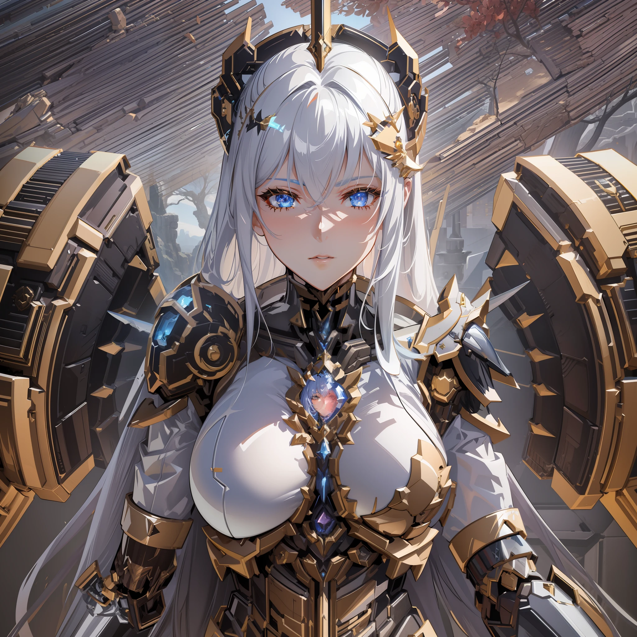 a close up of a woman with a sword and armor, mechanized valkyrie girl, 2. 5 d cgi anime fantasy artwork, armor girl, biblical female android, unreal engine render + a goddess, 3 d render character art 8 k, portrait of a cyborg queen, beautiful cyborg angel girl, beautiful cyborg priestess, chengwei pan on artstation