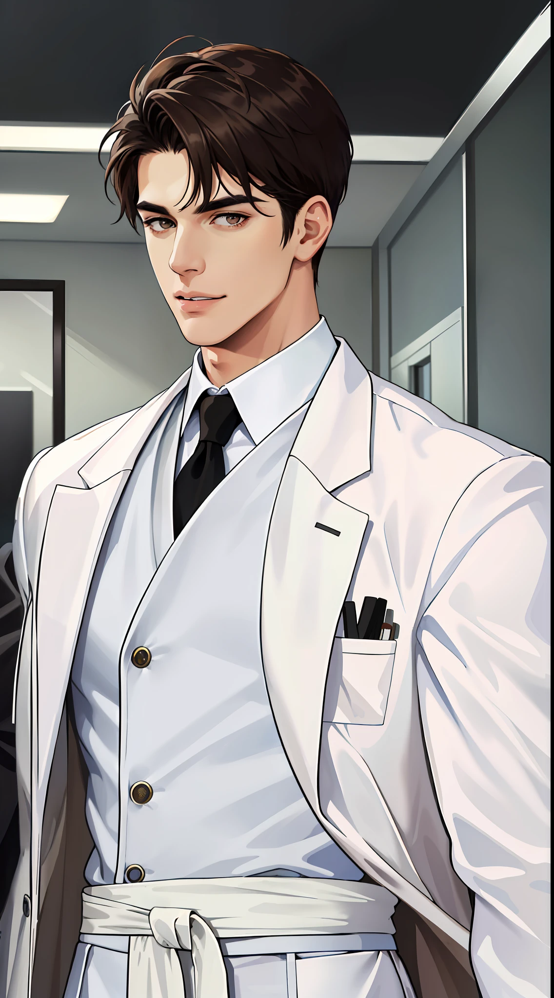 (ridiculous, high resolution, super detailed, realistic,), 1 male, soloist, handsome eyes, 20 years old, tall male, broad shoulders, handsome, extremely short hair, black hair, brown eyes, angular chin, thick neck, thick eyebrows, hospital room, doctor, white robe, white coat, upper body