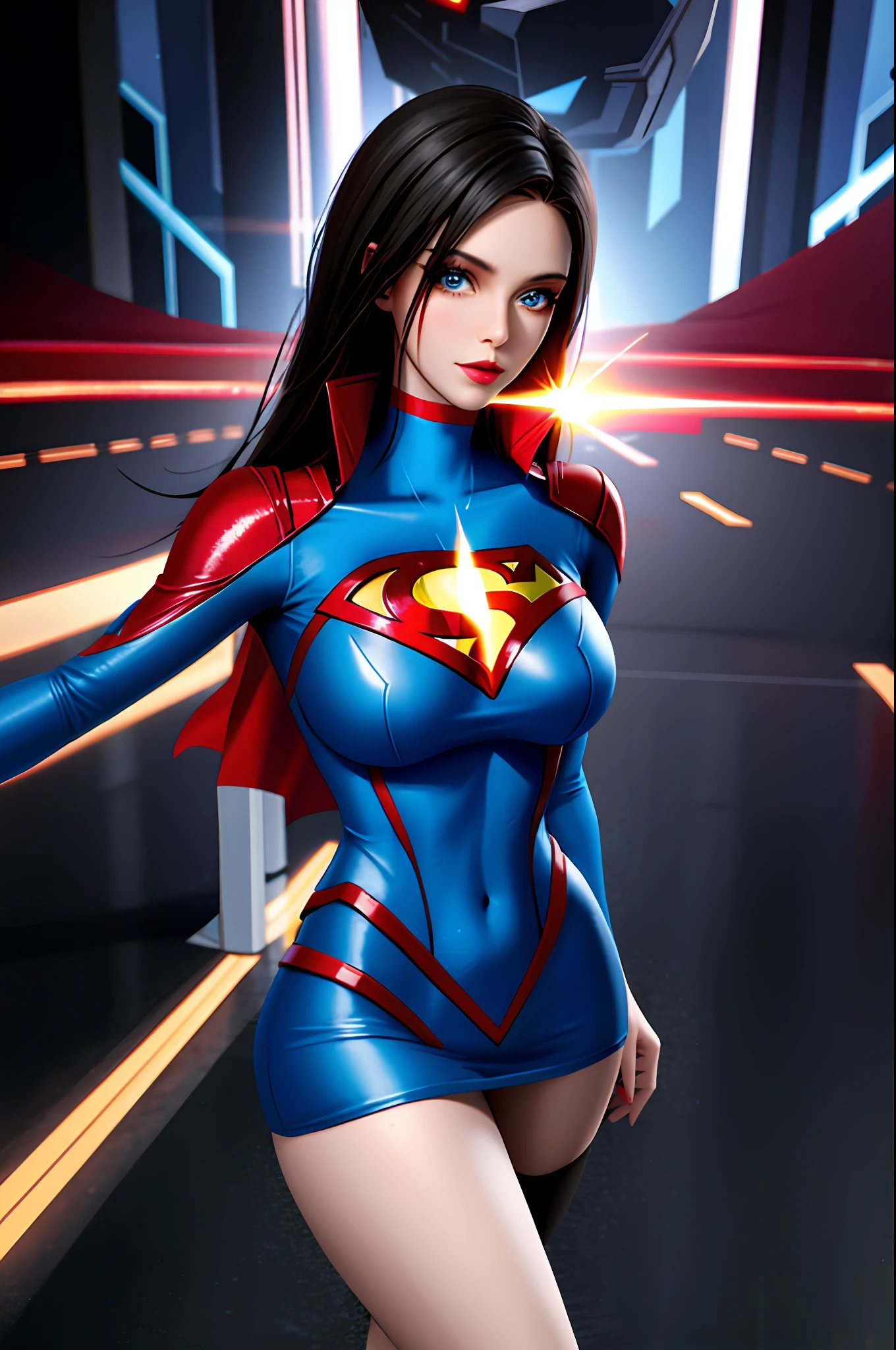 there's a woman in a short dress walking on a runway, digital art by Nelson Alexander Ross, winner of the Artstation contest, neo-dada, neosurrealism. digital art, neosurrealism, neo surrealism, cover art, giant art, dreamy cyberpunk girl, promotional art, using superman S symbol, tracer in a tight dress, near a galaxy, skydoll noa, superman s