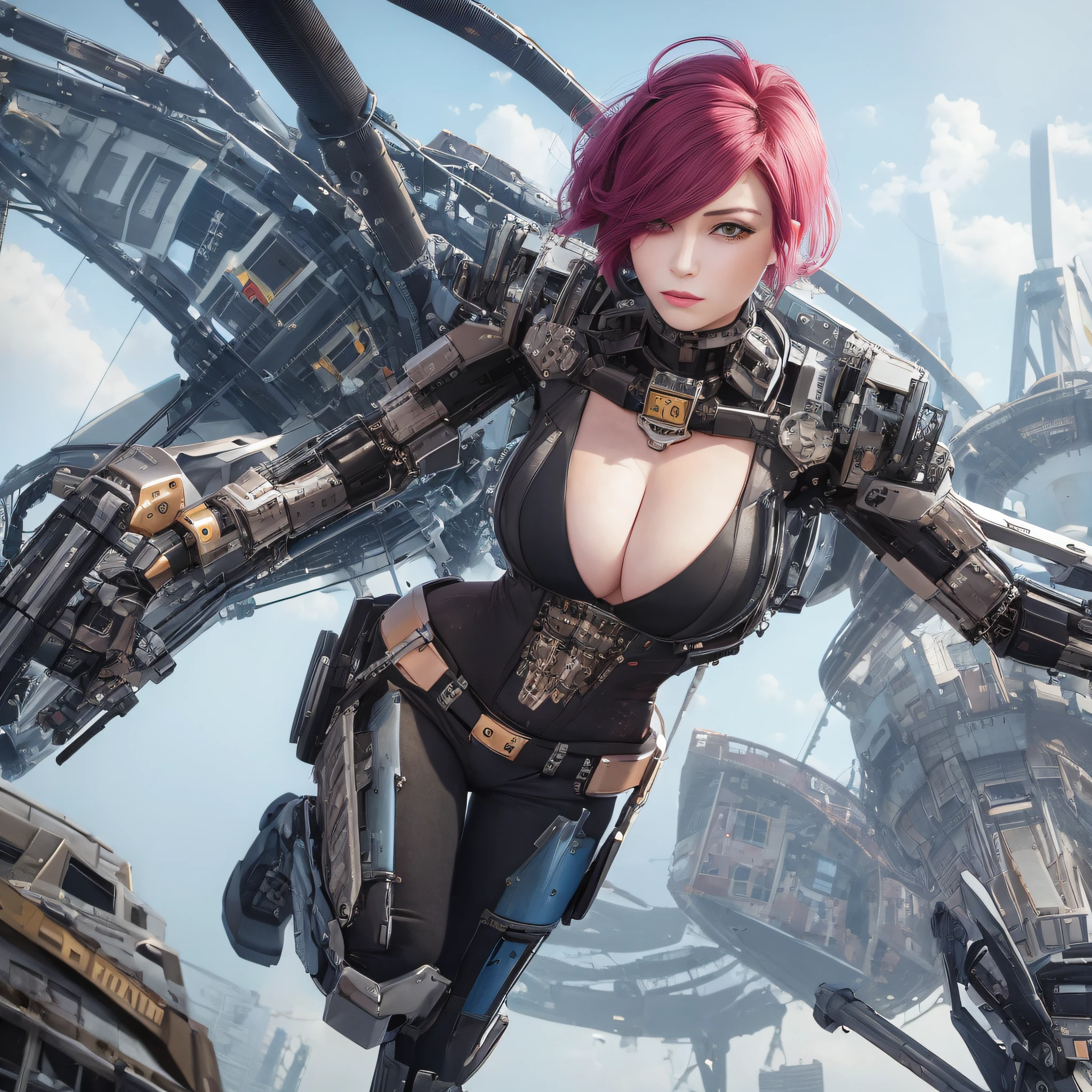 (1woman:1.2),Punk Style Mechanical Girl,Sky City,Giant Mecha,