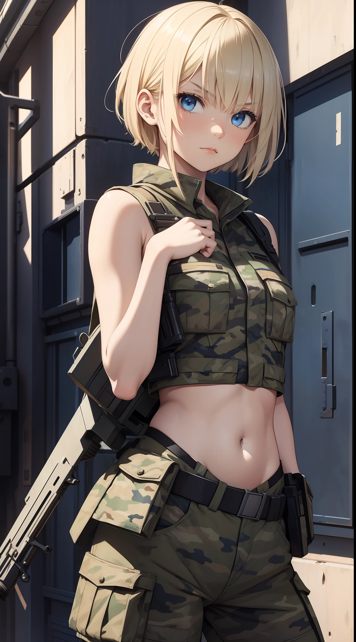 Young girl, short blonde hair, blue eyes, soldier's camouflage uniform, sleeveless, open belly, gun, serious look, masterpiece, high quality