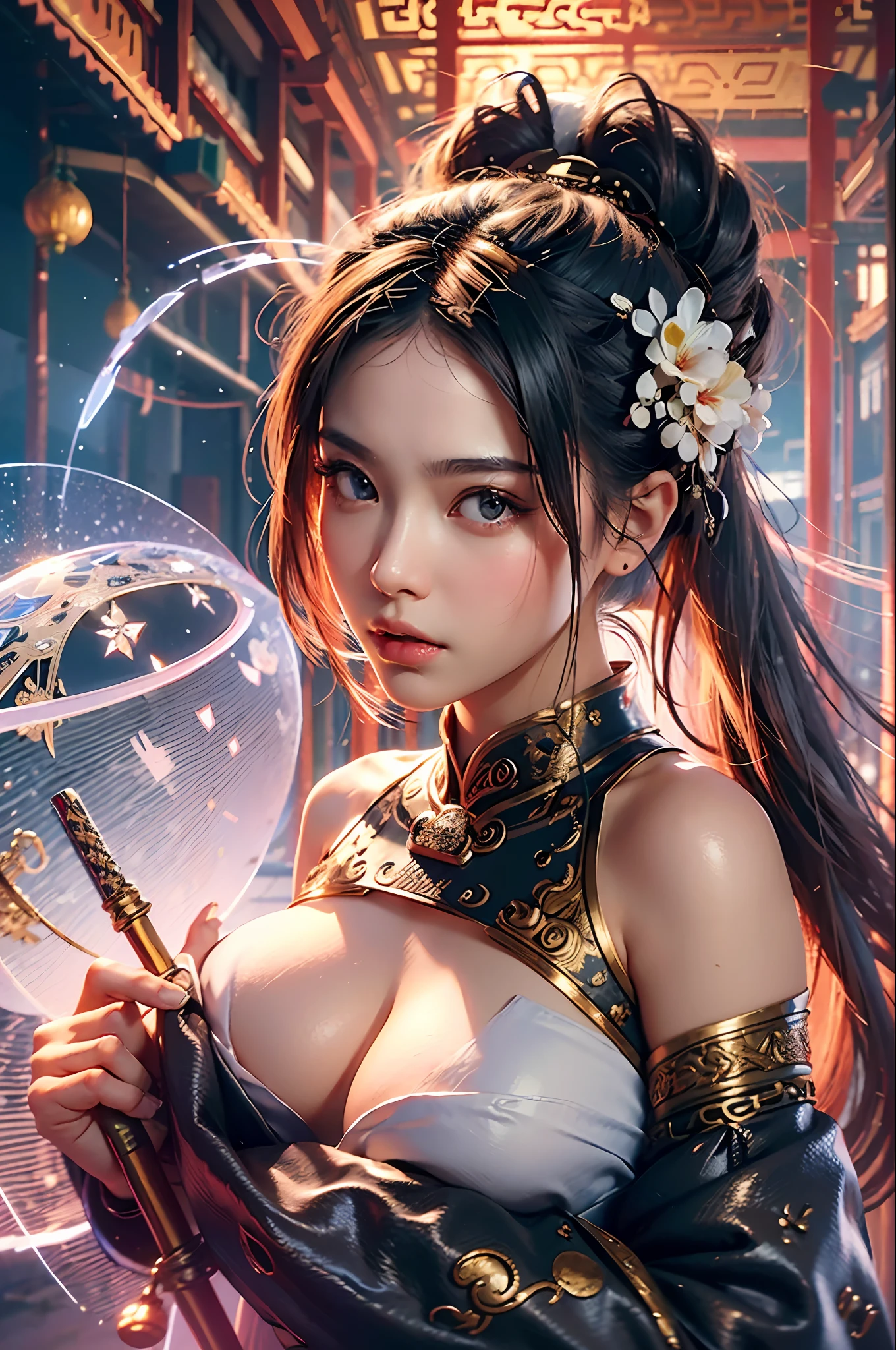 Best Quality, Masterpiece, Ultra High Resolution, (Realistic: 1.4), Xiuxian, Weapons, Detail Face, 1 Girl, (Big Tits), Plump, Close to the Camera. Perfect Figure, Solo, Weapon, (Magic Circle: 1.2), Xiuxian, Upper Body, Beautiful Girl, Full Body, East Asian Architecture, Sheath, Construction,
