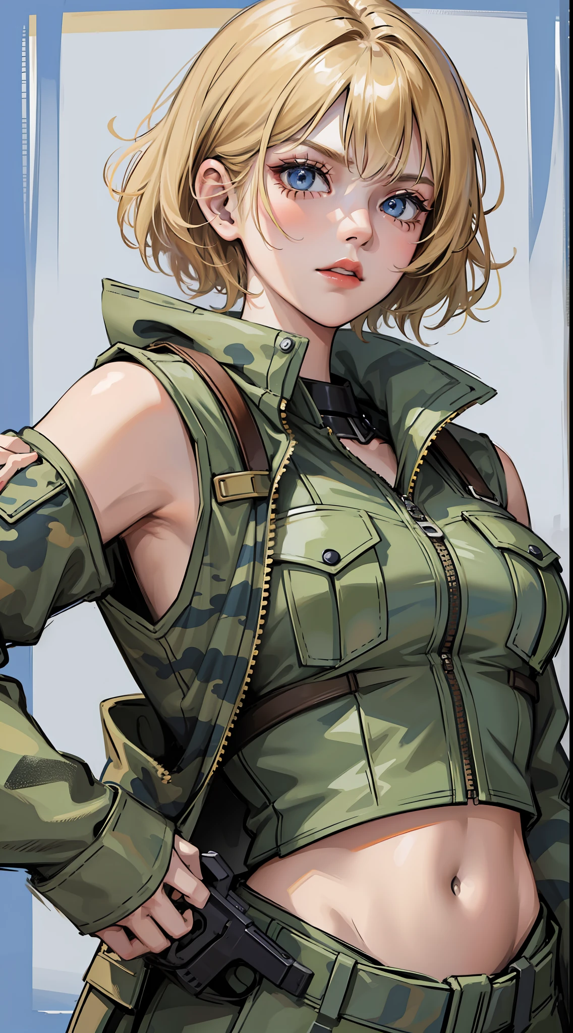 Young girl, short blonde hair, blue eyes, soldier's camouflage uniform, sleeveless, open belly, gun, serious look, masterpiece, high quality