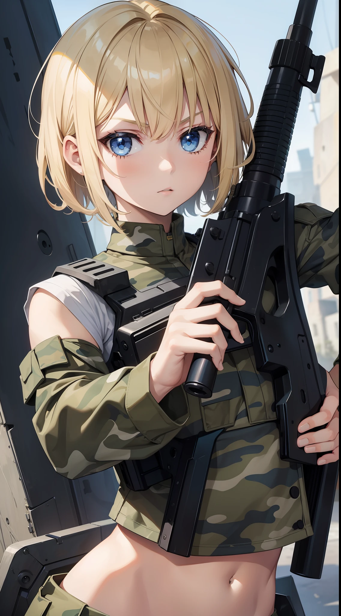 Young girl, short blonde hair, blue eyes, soldier's camouflage uniform, sleeveless, open belly, gun, serious look, masterpiece, high quality