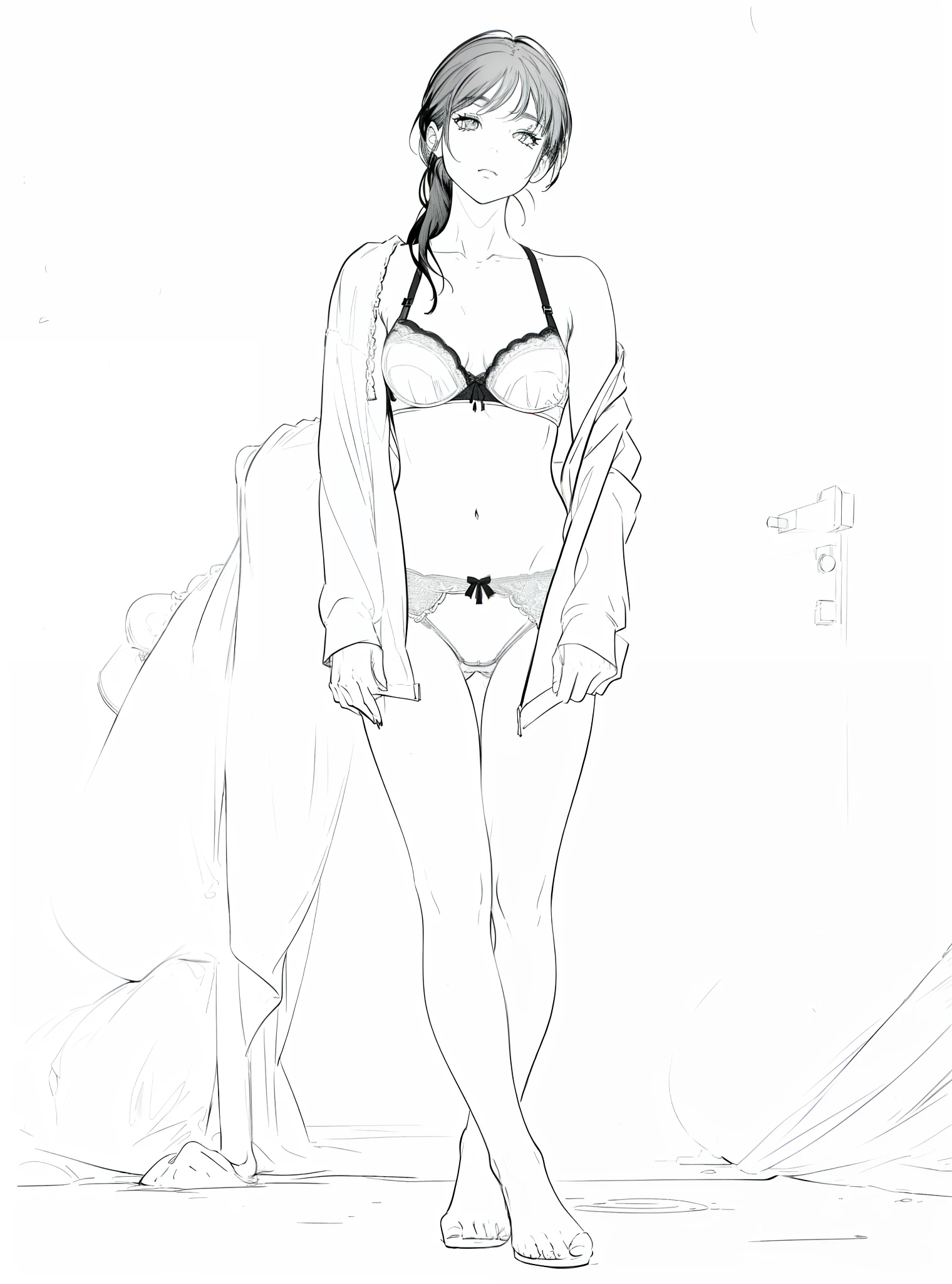1girl,posing,sexy,((underwear)),((Panties, lace bra), full body,lineart, monochrome,mitaka handle,white background,bottomless,best quality,good anatomy, front view,black hair,designs,artwork, good anatomy