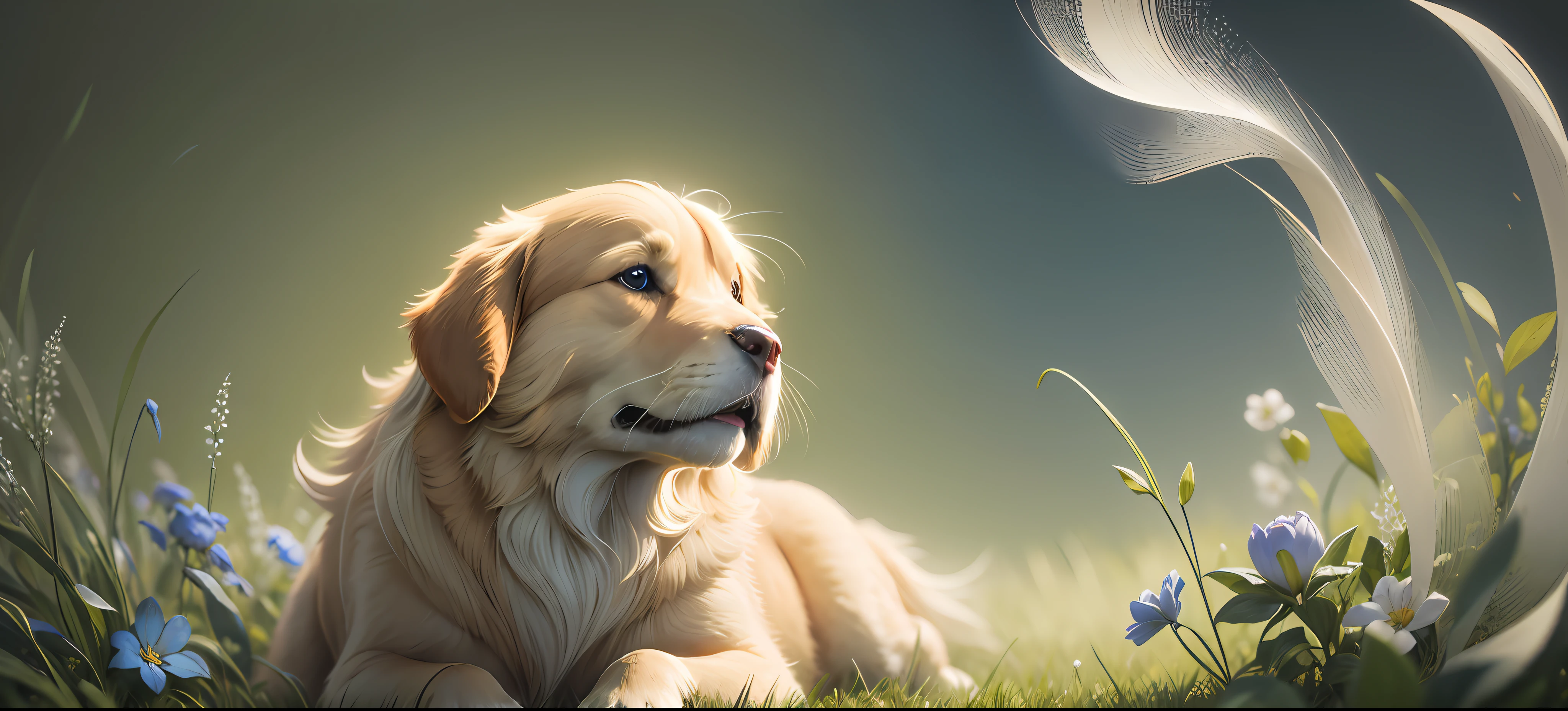 close-up, golden retriever looking to a white rabbit, inviting colors stunning quality, strong stroke,  dark ambient, heavy strokes, plain background, soft smile, head turned to right, 16k, highly detailed, soft lighting,   blue and green tones,
sharpen focus, sharp, sharp edges, profile view --auto --s2