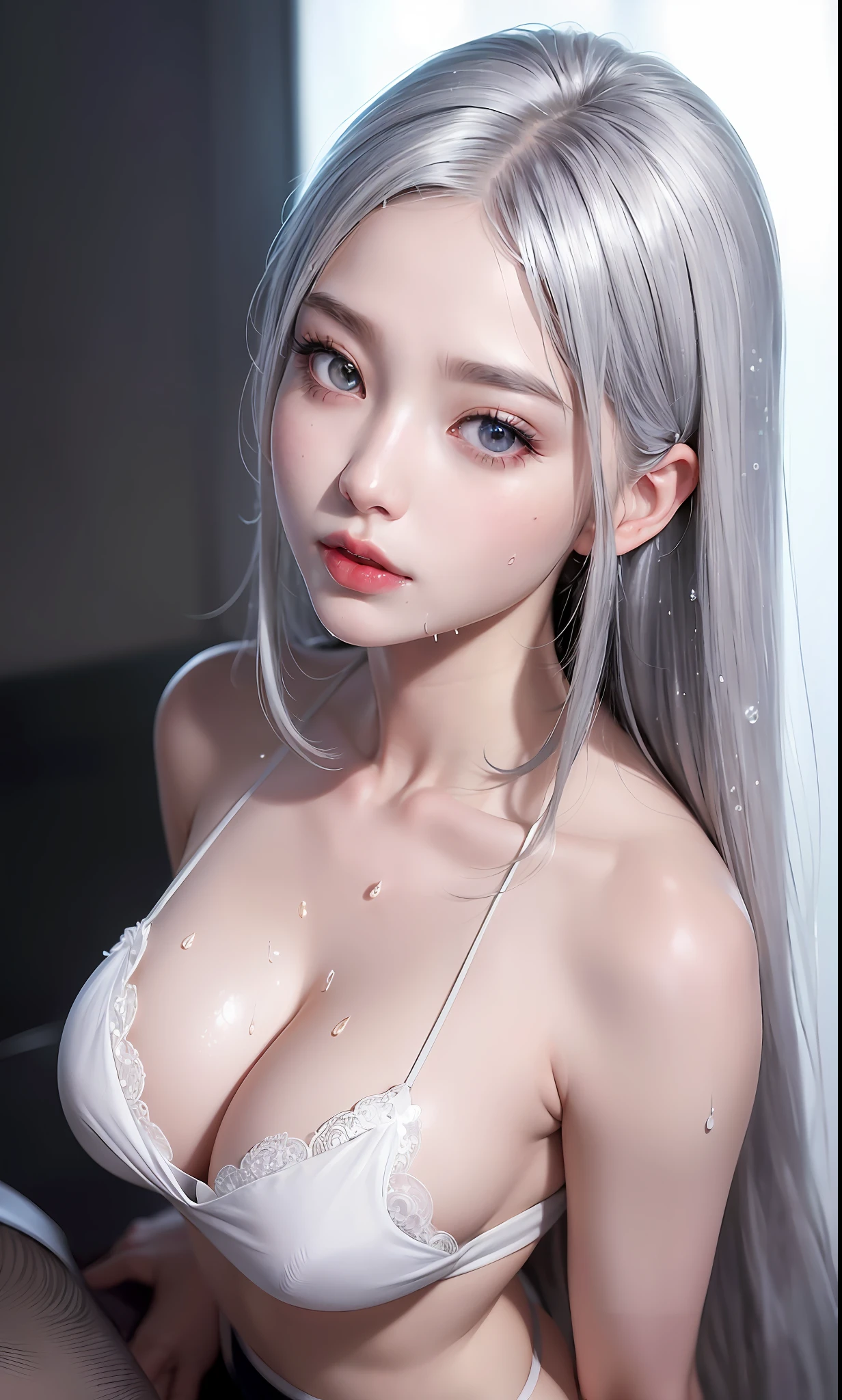 best quality, ultra high res, (photorealistic:1.4), 8k resolution, girl, (silver hair:1.3), (realistic hair:1.2), (Korean girl:1.2), (realistic eyes:1.2), (beauty face:1.3), perfect body, white pale skin, big breast, cleavage, , (eyes looked up:1.3), (wet body :1.2), black playboy outfit