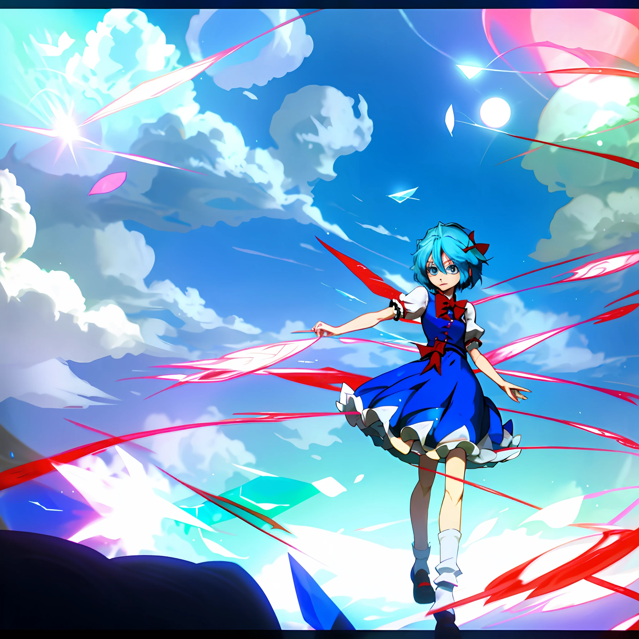 anime girl with blue hair and blue eyes and a red dress, rem rezero, from touhou, cirno touhou, sayori, 2 d anime style, touhou character, cirno from touhou, cirno, anime moe artstyle, touhou, loli, gapmoe yandere, touhou project, 2 d anime, blue and red