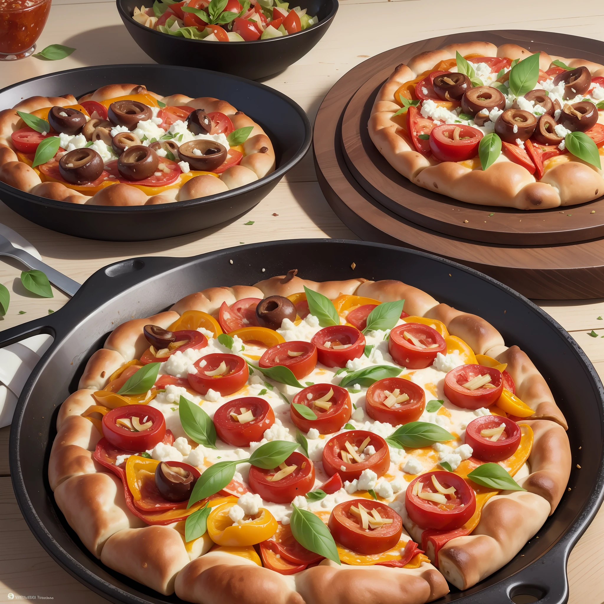 # a grand and colorful pizza, placed against the backdrop of ancient Pompeii. The pizza dough acts as a vibrant canvas for a medley of gourmet toppings. Firstly, we have a golden, bubbling layer of mozzarella cheese. Next, there are red, juicy tomato slices scattered with hints of fresh green basil leaves peeking through. There are generous amounts of caramelized onions, mushrooms, and bell peppers in hues of red, yellow, and green.Continuing the parade of flavors are the savory, thinly sliced pieces of ham, pepperoni, and crispy bacon, followed by a sprinkling of blue cheese crumbles, fresh oregano, and red chili flakes for an extra kick. On the side, there are sliced black olives and marinated artichoke hearts. The entire spectacle sits on a perfectly baked crust, slightly charred on the edges. The warm, inviting glow from the wood-fired oven illuminates the scene. In the background, the ruins of Pompeii stand silent, Mt. Vesuvius looms large, with a sky gently lit by the setting sun.