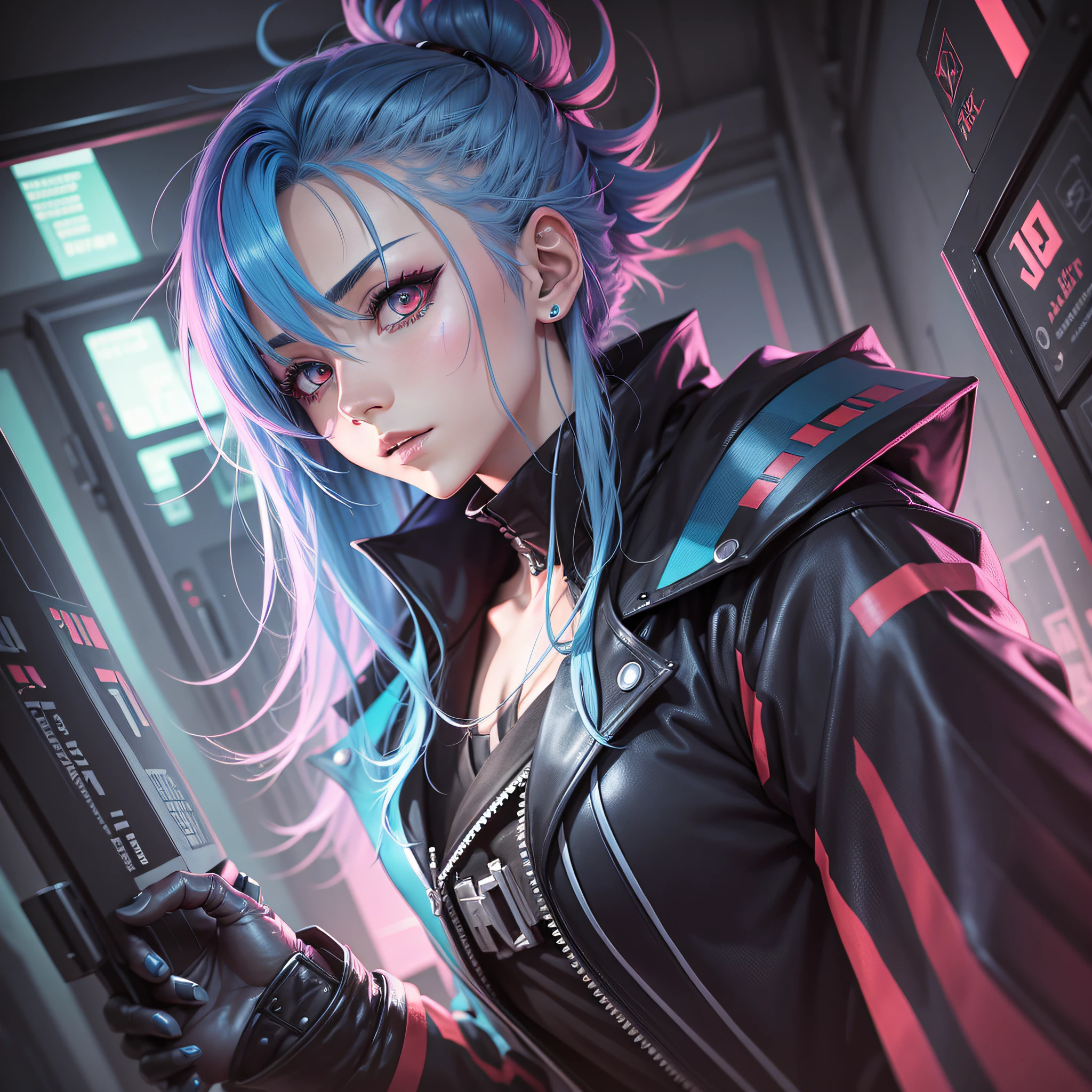 art, demon slayer, anime, manga, character, anime art, manga art, cyberpunk,, colored hair, blue hair --auto --s2