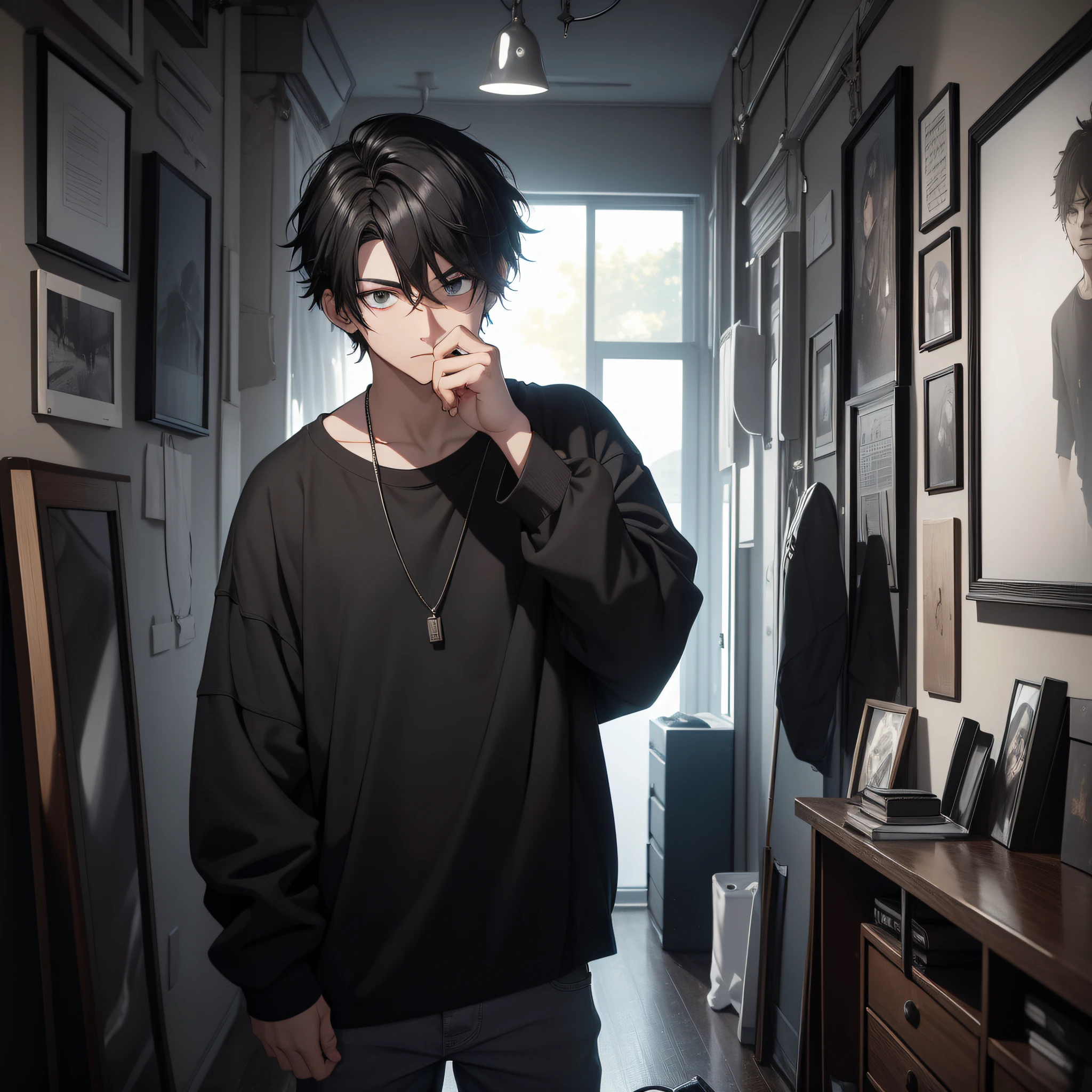 Absurd resolution, high resolution, (masterpiece: 1.4), hyper-detail, young man's messy short black hair, black casual clothes, eerie room, looking at the wall clock (1.5)