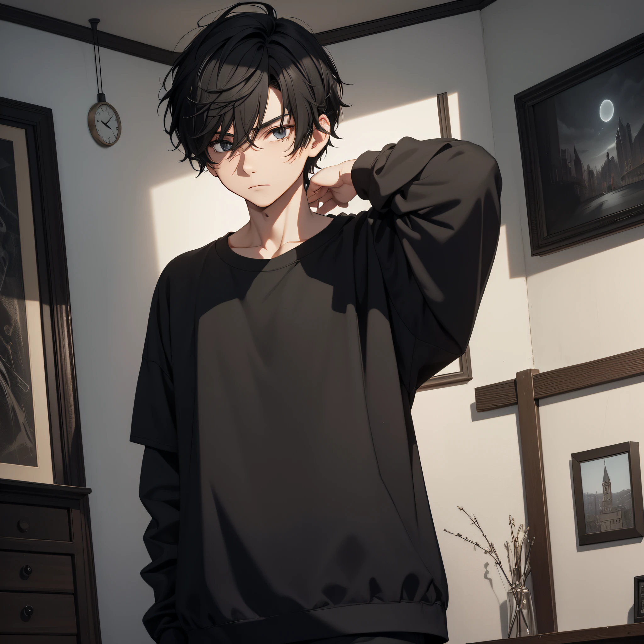 Absurd resolution, high resolution, (masterpiece: 1.4), hyper-detail, young man's messy short black hair, black casual clothes, eerie room, looking at the wall clock (1.5)