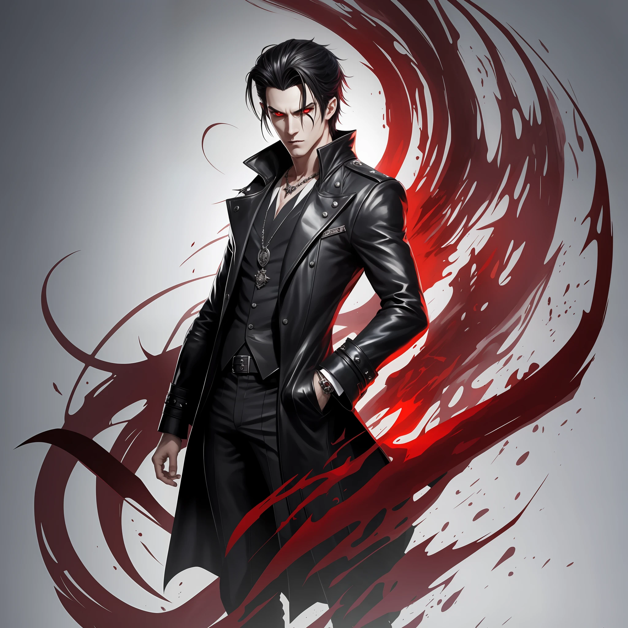 Create the image of a male vampire from anime seinem showing off his fangs. With the contour of the face using soft lines. It should have large, expressive eyes with slit-shaped pupils. He must have short, goosebumps and wear dark clothes, an open overcoat and military boots. Get inspired by the Neo of matrix. Must have a ruby necklace red apparent blood Add some shadow tentacles being manipulated by the vampire, and make a black and dark background. --auto --s2