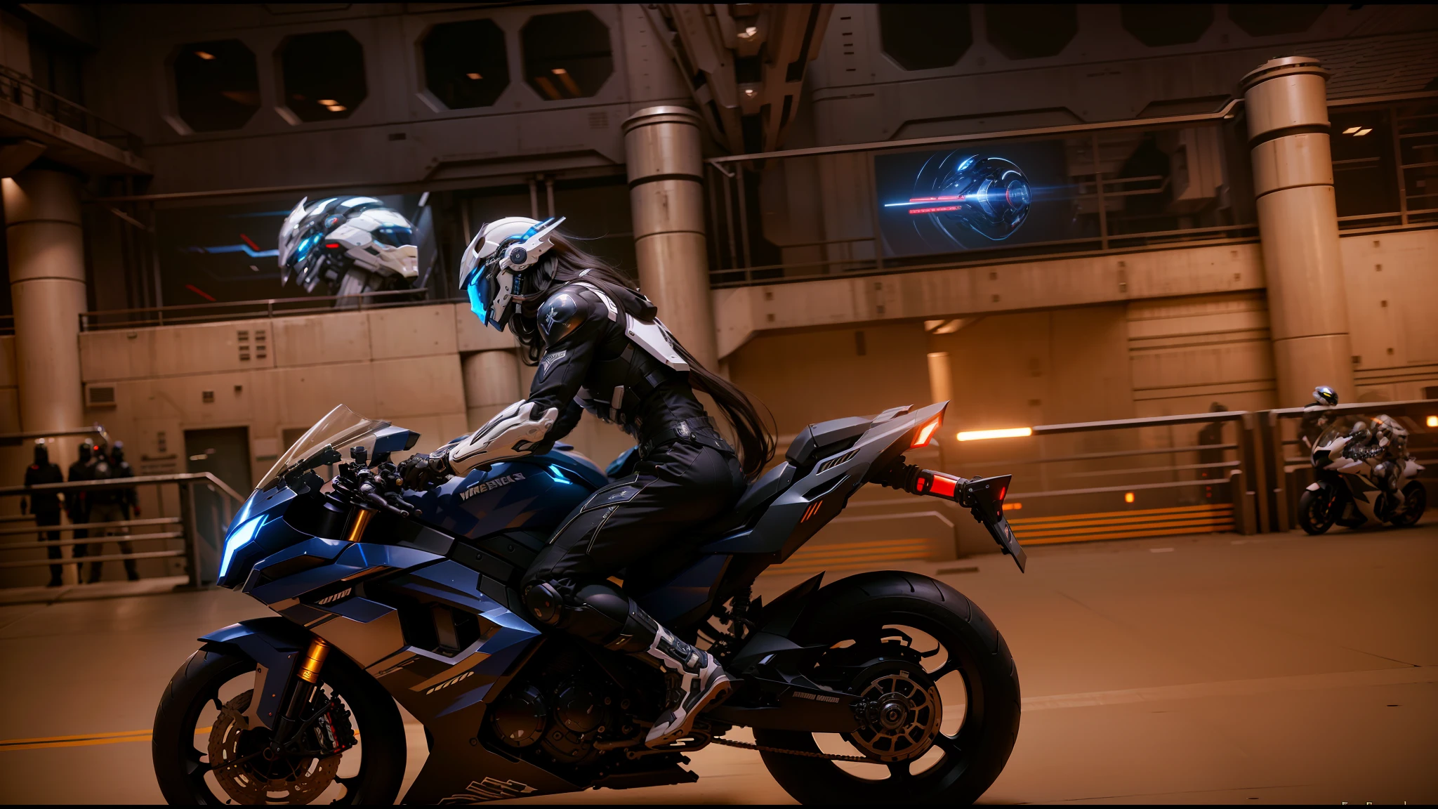 White mech clothes and pants, white flowing long hair, cyber warrior and cyber mechanical motorcycle, full body exquisite high-tech armor, exquisite black tech helmet, Nousr, biomechanics, MSHN robot man, high-tech helmet, surreal, steel, intricate design, crazy details, fine details, extremely clear lines, cinematic lighting, photorealistic, detailed masterpiece