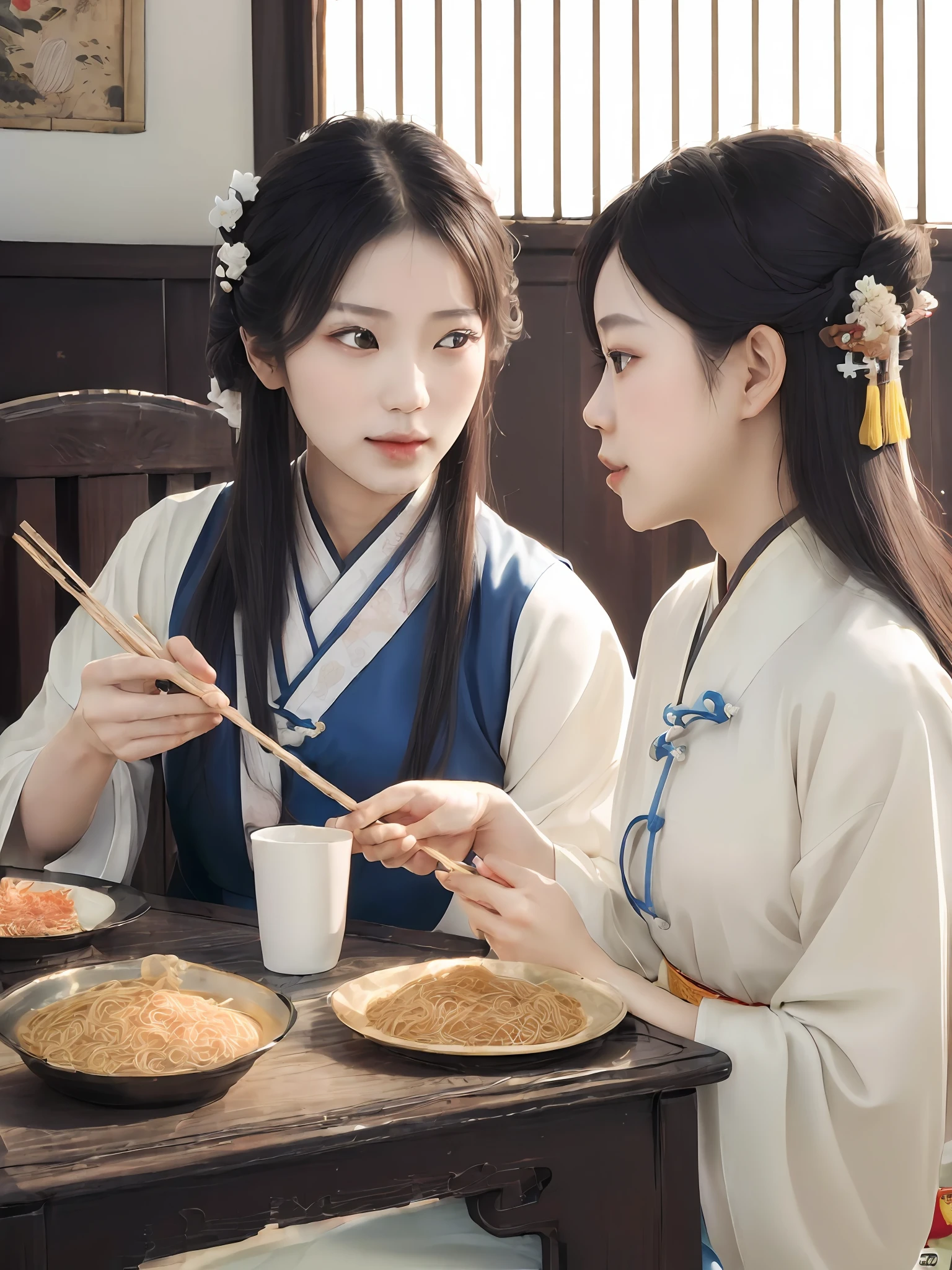 ((Real Photo 1:2))((Realistic Photo)) Leica Camera Shot, Masterpiece, Best Quality, (Very Detailed Unity 8k) (Best Quality), (Best Shadow) Lighting Tracking, Super Detailed , Asian Woman Eating at Table in Traditional Costume, Guwiz style artwork, Girl in ancient Chinese costume, Palace, Hanfu girl, Eating noodles, Popular on CGSTATION, Beautiful digital artwork, Guwiz, White Hanfu, Hanfu, Chinese style, Beautiful photos of people