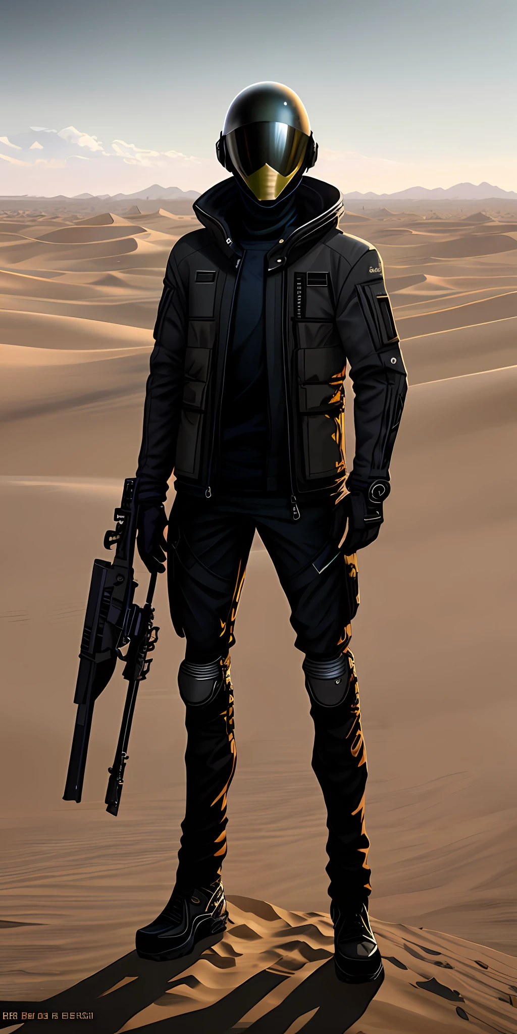 There is a man in a helmet, helmet and a coat standing in the desert, techwear look and clothes, wearing space techwear, future techwear, model is wearing techtical vest, techwear clothes, futuristic techwear, fashion techwear, techwear, wearing techwear and armor, focus on anti-g flight suit, wearing urban techwear, wojtek fus
