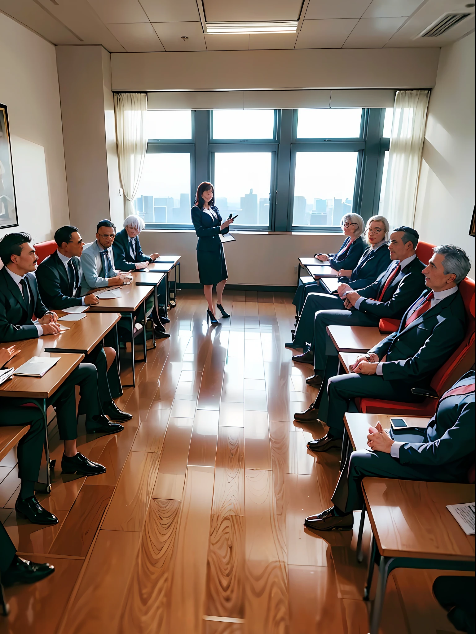 (Five men in their fifties and two women in their forties sit in a large conference room, having a meeting: 1.9)(Professional and serious demeanor of the participants: 1.8)(Experienced and knowledgeable presence of the older men: 1.7)(Confident and assertive attitude of the women: 1.8)(Focused and productive atmosphere during the meeting: 1.7)