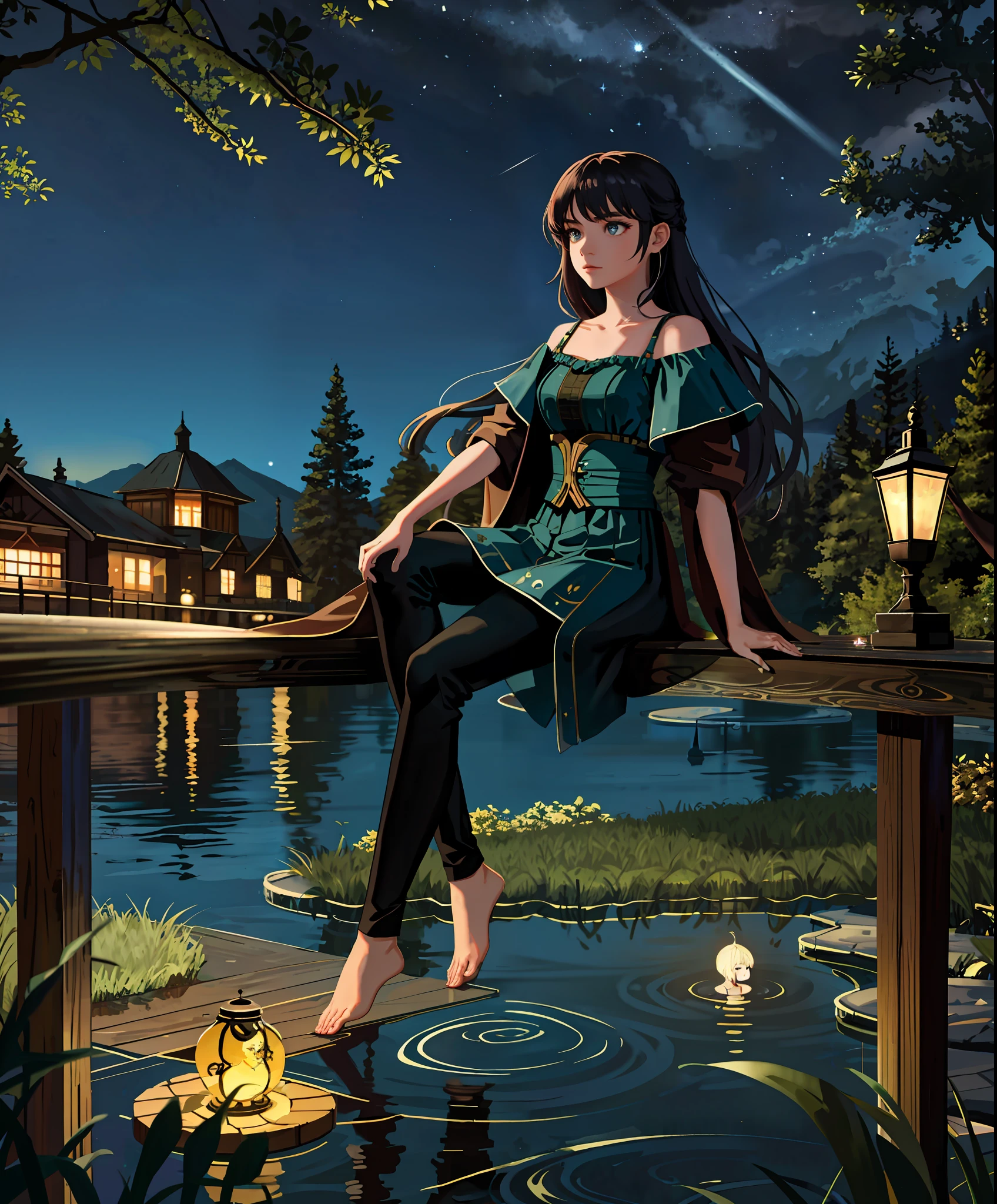masterpiece,best quality,cinematic,dramatic,dynamic,1girl,landscape,lake,sitting,night,illumination,pond,face