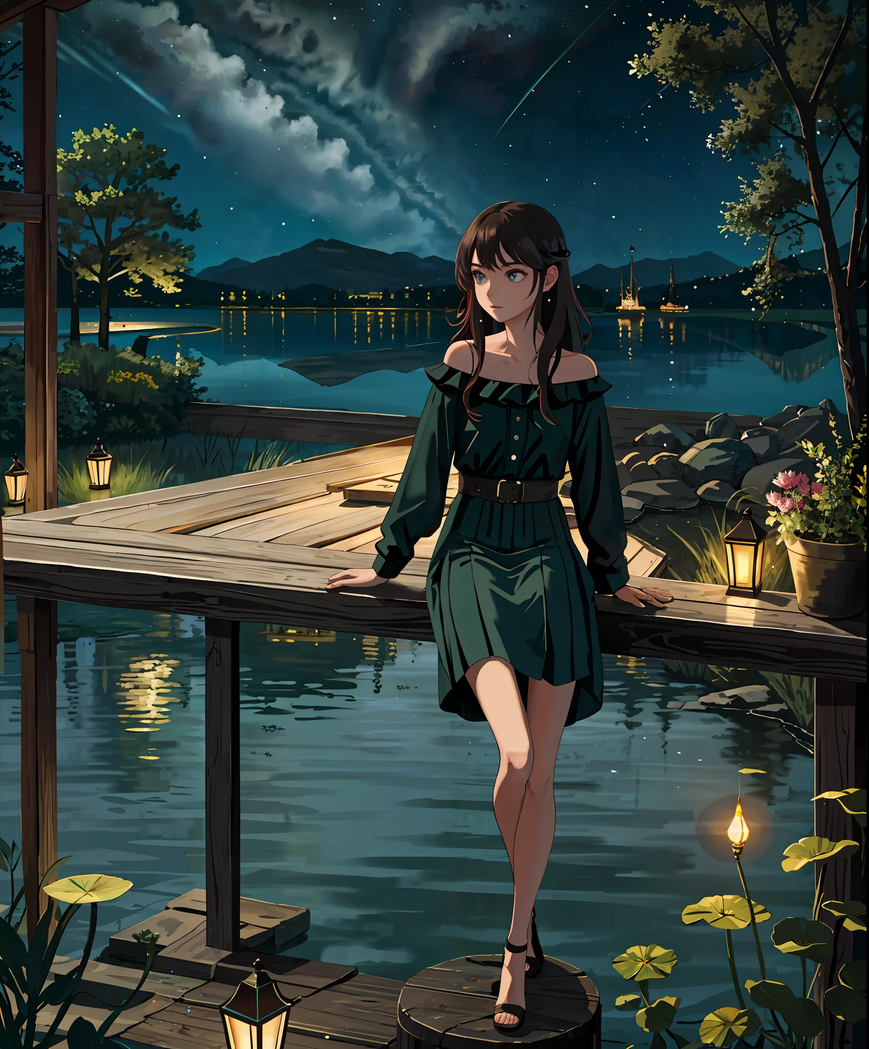 masterpiece,best quality,cinematic,dramatic,dynamic,1girl,landscape,lake,sitting,night,illumination,pond,face