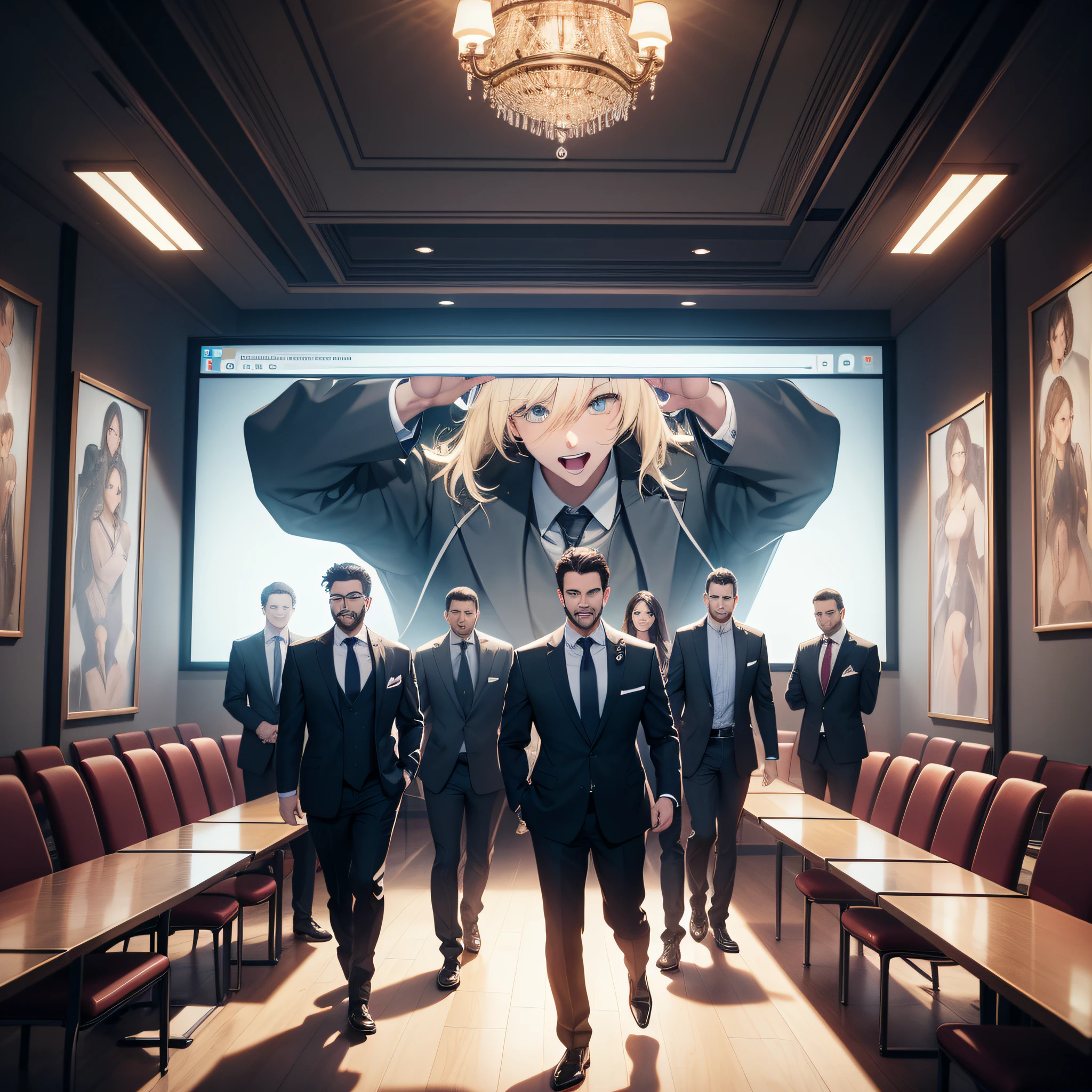 Absurd resolution, high resolution, (masterpiece: 1.4), hyper-detail, oversized meeting room, screen, a group of men in suits, very excited happy expressions