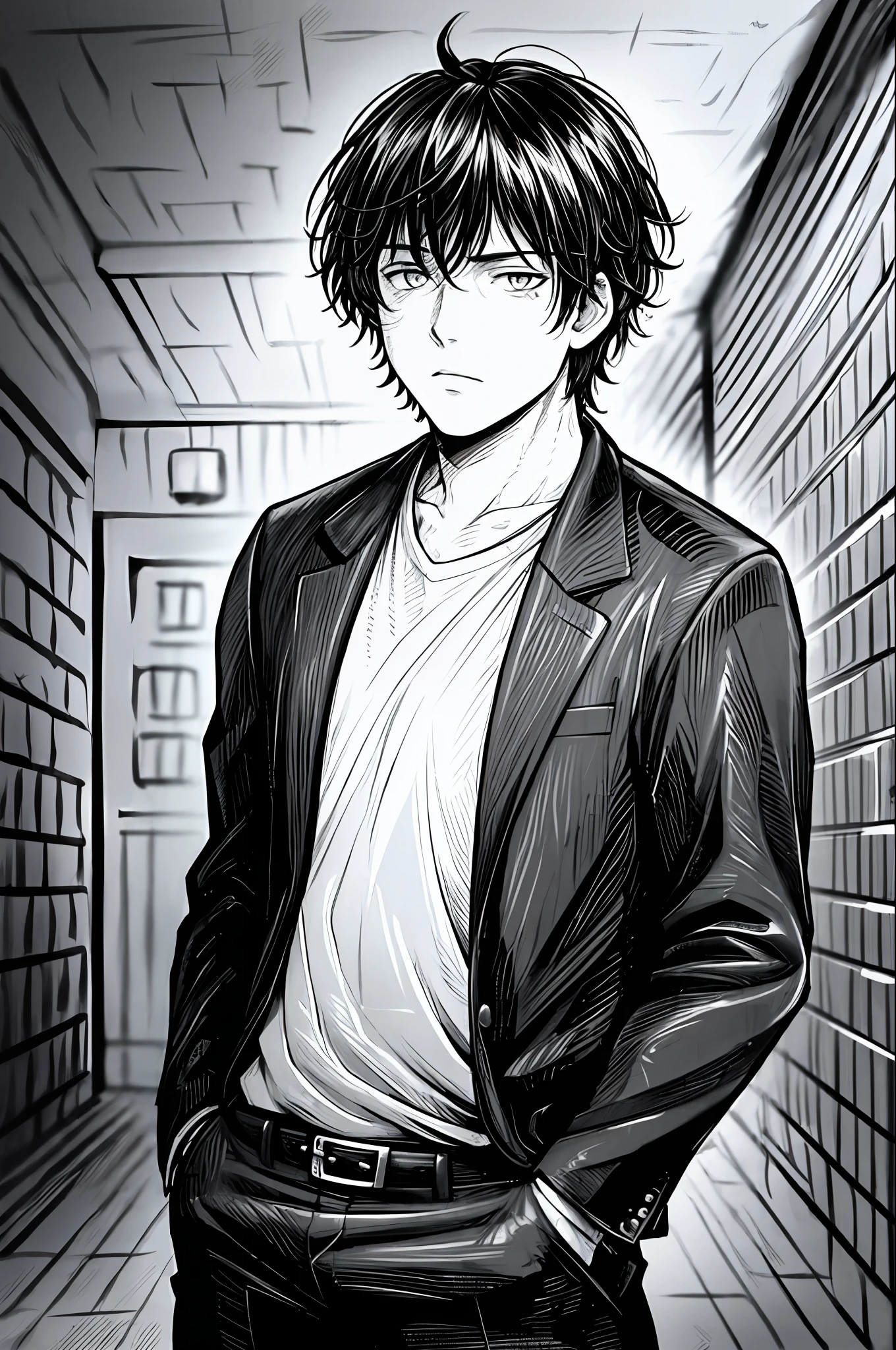 (Masterpiece, best quality:1.2),best quality, intricate details, lineart, monochrome1boy, short messy hair, young, handsome, black hair, messy hair, hair over one eye, sharp eyes, shirt, open jacket, Leaning against the wall , dim lighting, alley way