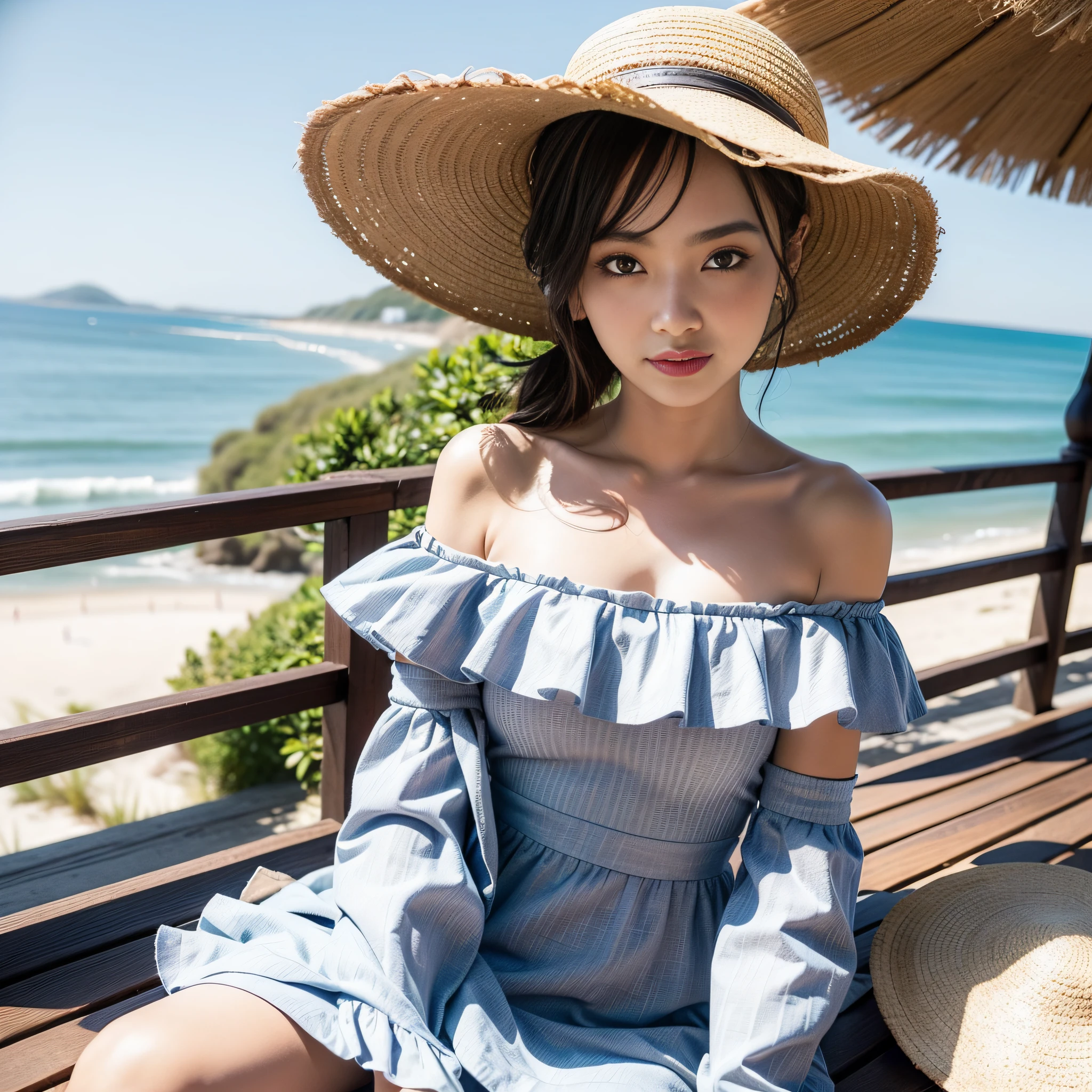 (Masterpiece:1.4, Best Quality), (Intricate Details), Unity8k Wallpaper, Ultra Detailed, Beautiful and Aesthetic, Perfect Lighting, (1girl), Dynamic Pose, Dynamic Angle, Lipstick, Slim, Slim Body, Middle Chest, (Ruffled_off-the-shoulder_dress:1.5),(Straw_hat:1.4),(Basket_woven_ bag:1.3),(Beachside_boardwalk_background:1.4), detailed background, real, solo, perfect detailed face, detailed eyes, very detailed, blush, hair ornament,