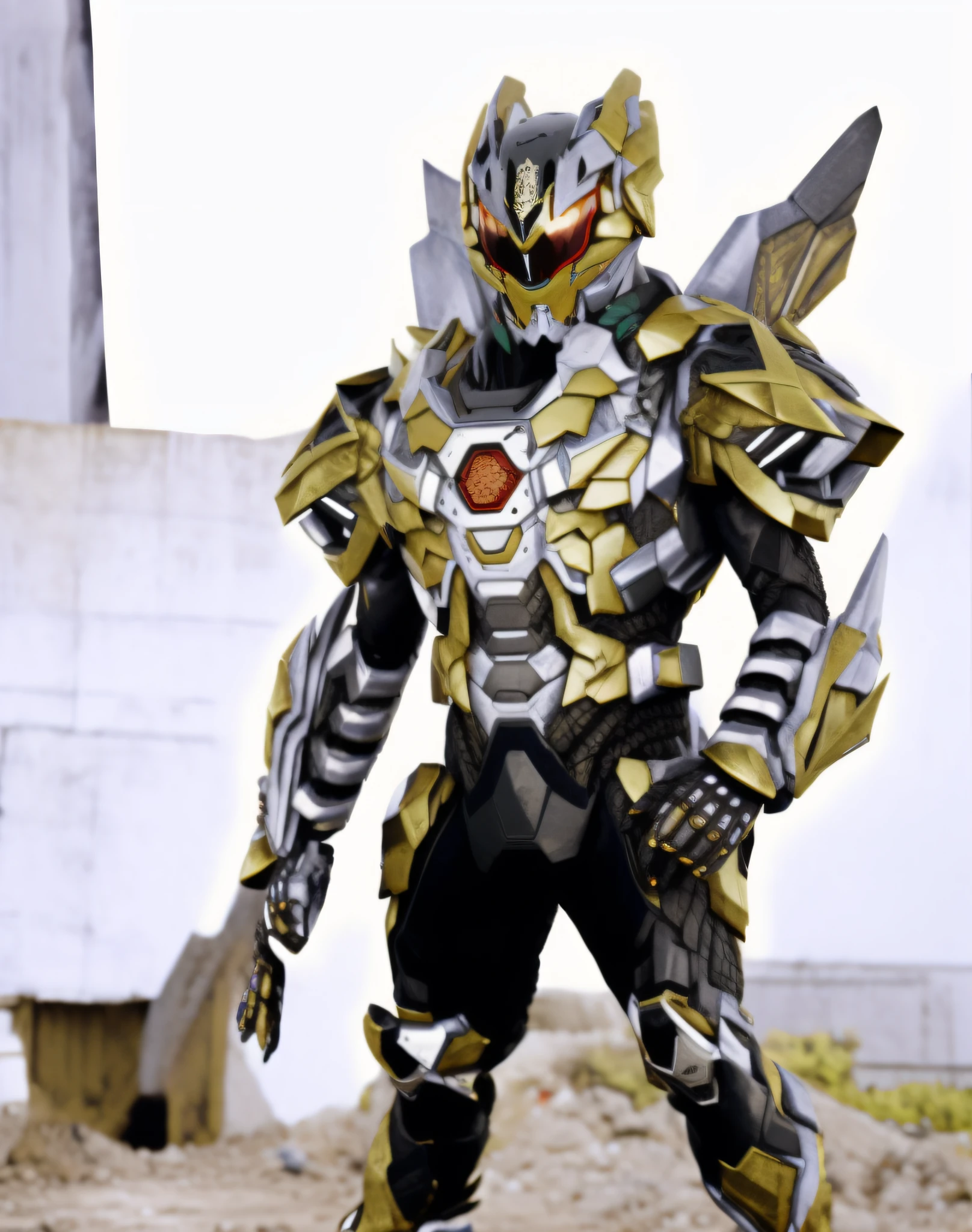 arafed image of a man in a costume standing on a dirt ground, high fantasy kamen rider, kamen rider character, tokusatsu, cyber japan style armor, kamen rider action pose, covered in full metal armor, kamen rider ghost, kamen rider, gold obsidian armor, cyber japan armor, cyber fight armor, gold and silver armour suit, shiny metal armor