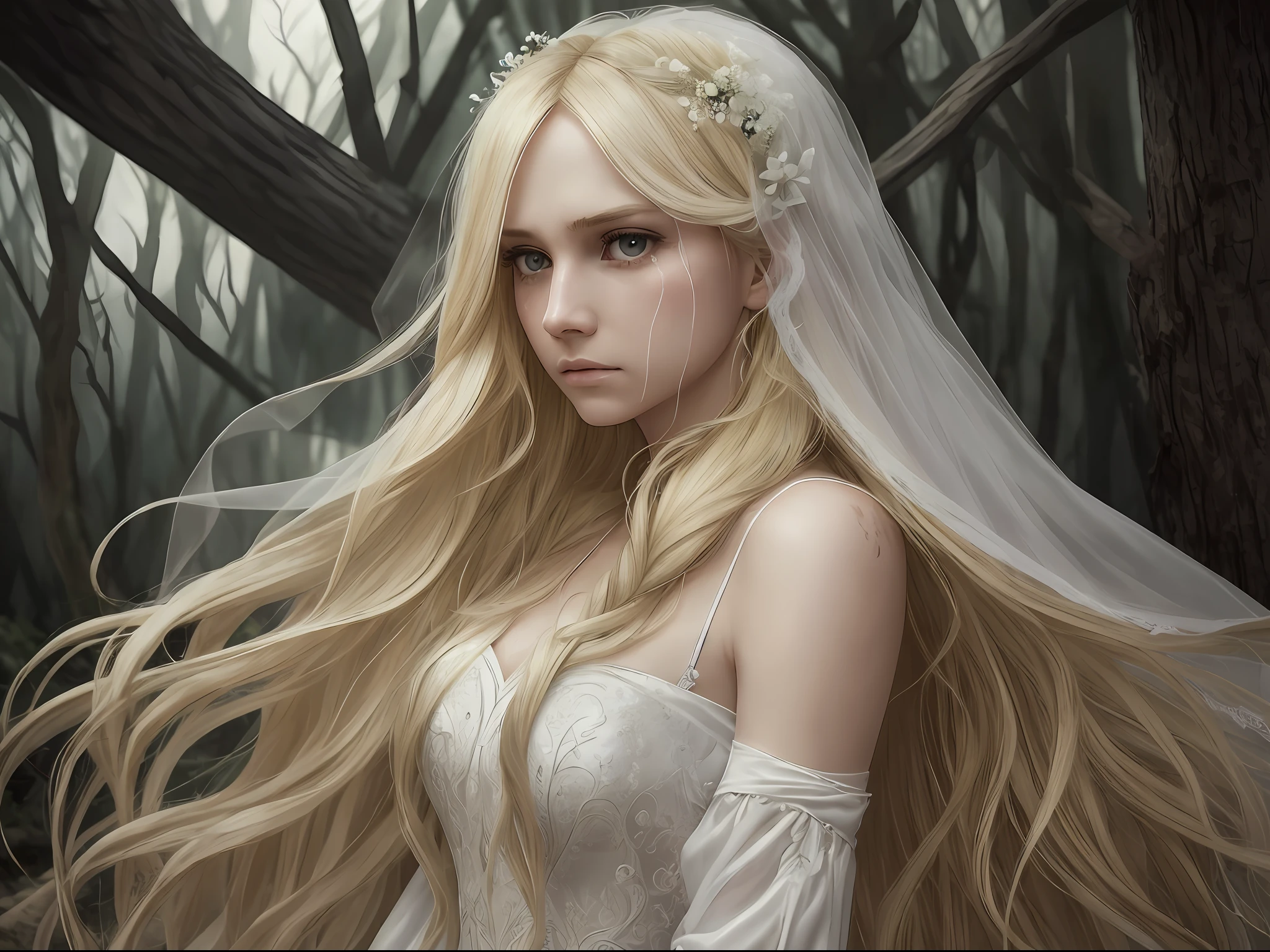 1 woman, wedding dress, long blonde hair, sad eyes with tears of blood, white dress with blood stains, large and sharp nails, in a dead forest and lost at dusk --auto --s2