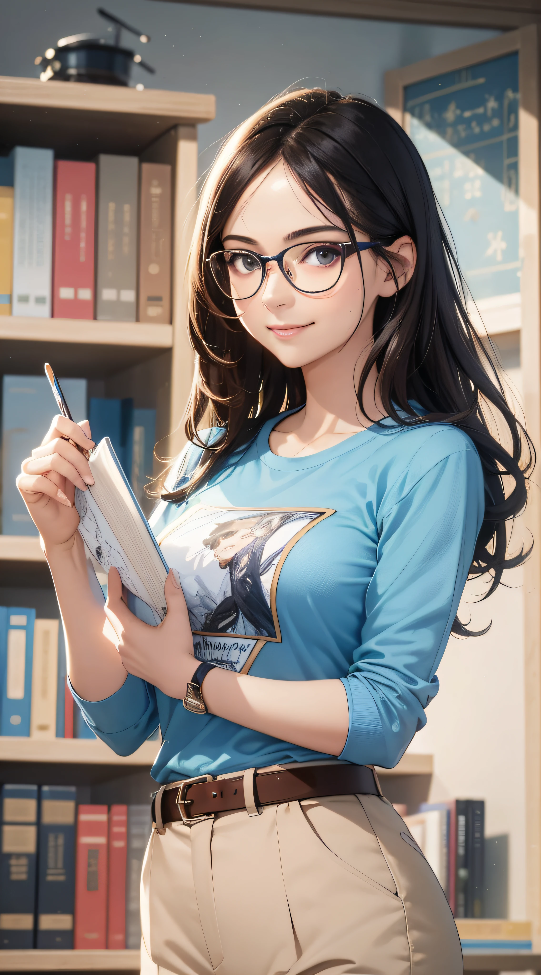Close-up of painting style, ultra-high-definition 8K, masterpiece-level CG wallpaper, excellent light source, female teacher, wearing glasses, beautiful and delicate face, brilliant eyes, wearing light blue print T-shirt, trouser belt, trouser shape, holding a book, smiling, dignified posture, standing on the classroom podium, fashion illustration.