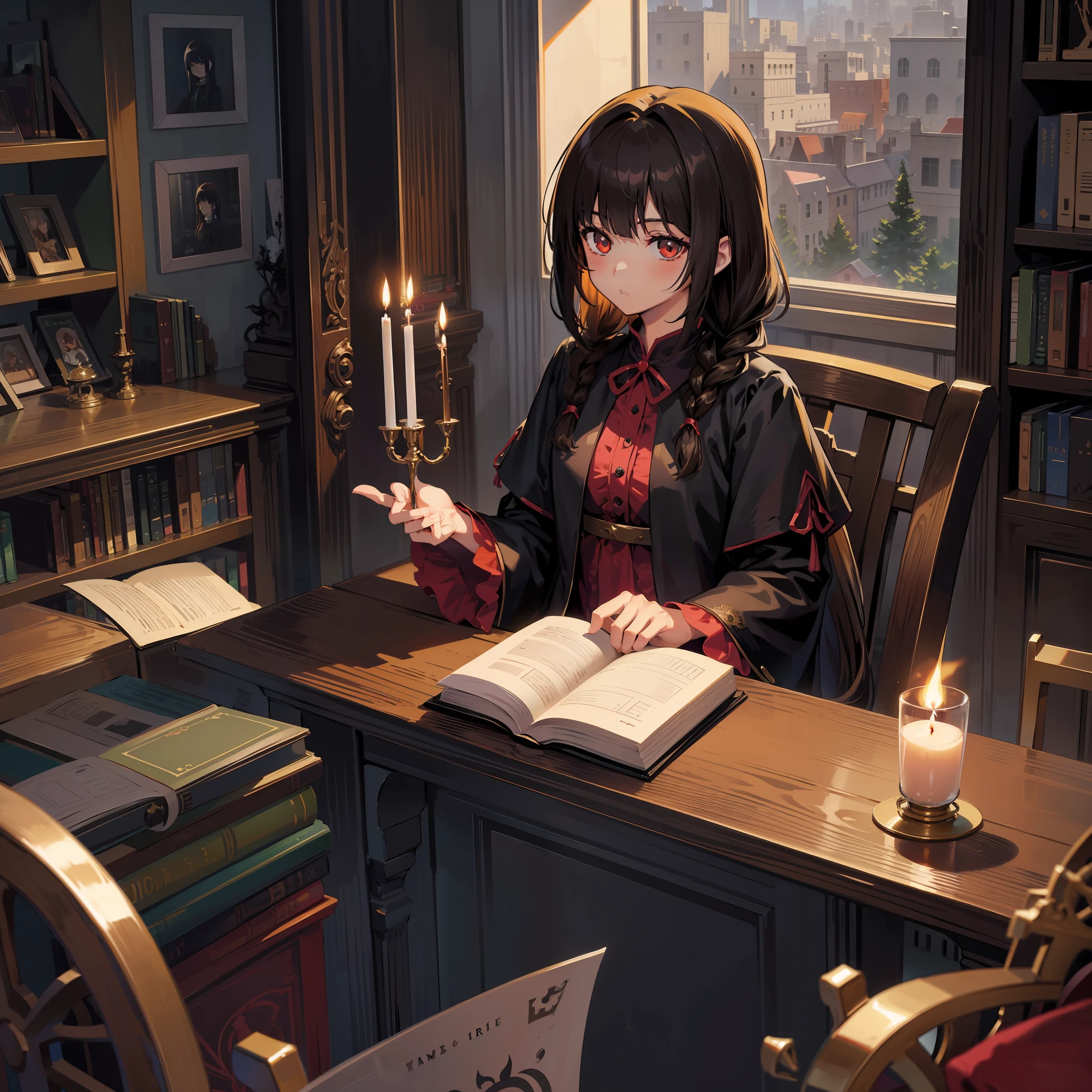 Anime Moe Art Style, Masterpiece Quality, Extreme Detail Complexity, Cinematic Lighting, High Resolution Illustrations, Beautiful Face with Eyes, Dark Shadows and Overexposure, [Black/Brown Hair], Single Braid, Brown Eyes, Sitting on a Chair, Medium, Dress, Bookshelf, Library, Vine, Rose, Looking at the Viewer, Blunt Bangs, Witch's Room, Candle, Pentagram, Clock, Vintage Globe.