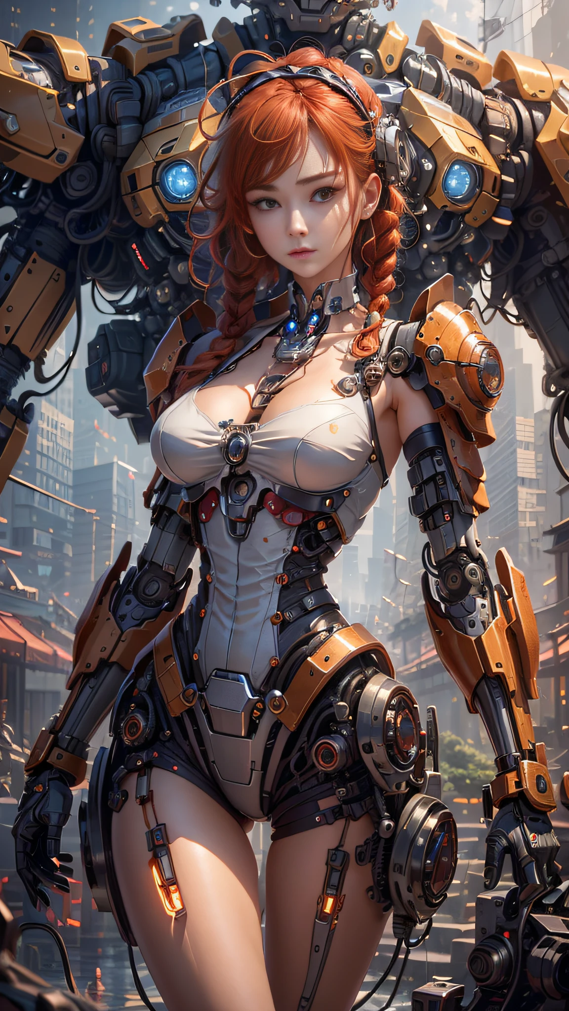 (((masterpiece))), (((best quality))), ((ultra-detailed)), (highly detailed CG illustration), ((extremely delicate and beautiful, very sexy)),cinematic light,((1mechanical girl) ), solo,(cowboy shot: 1.2),(machine-made joints: 1.2),((mechanical limbs)),(blood vessels connected to tubes),(mechanical vertebra attached to the back),((mechanical cervical union to the neck) ), expressionless, (wires and cables attached to the neck: 1.2), (wires and cables on the head:  1.2), (focus on character), science fiction, extremely detailed, colorful, highest detailed, loongs, fengs, background, red hair with braids,