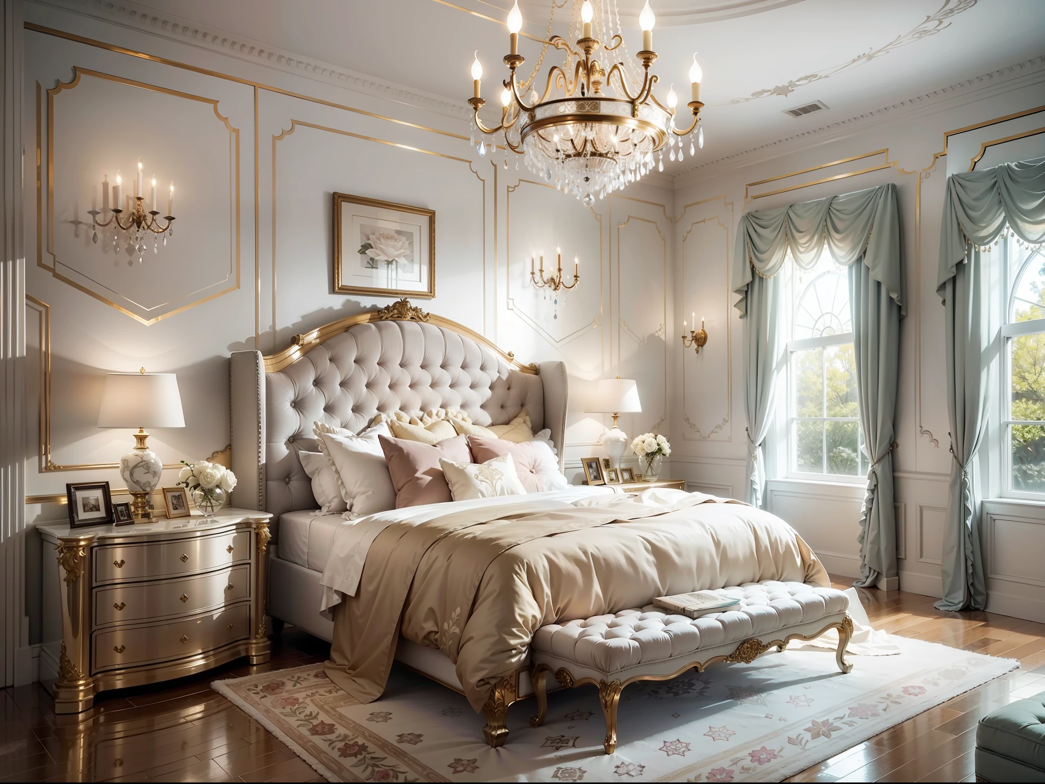 ((masterpiece)), A luxurious bedroom, complete with a king-sized bed, fluffy pillows, and silky sheets. The room is bathed in soft, warm light from the crystal chandelier overhead. A sense of relaxation and tranquility pervades the space, with the muted colors of the walls and furniture contributing to the peaceful atmosphere. The artwork on the walls features delicate watercolor paintings and intricate sketches, adding a touch of whimsy to the room.