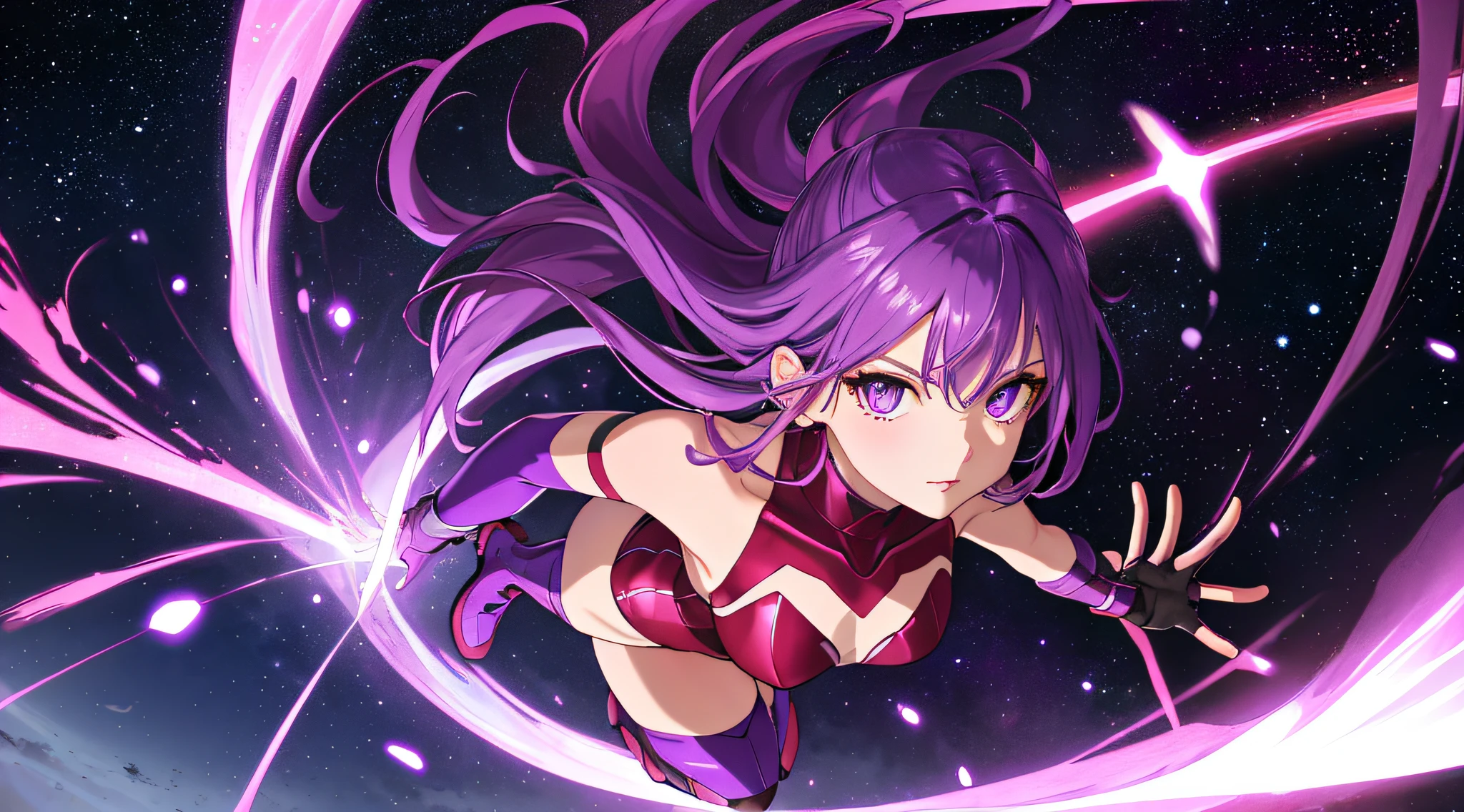 (himag), purple hair, purple eyes, masterpiece, best quality, highres, 1girl, solo, superhero, red leotard, boots, matching boots, aura, purple aura, gloves, bracelets, matching gloves, looking at the viewer, light particles, outer space scenery, perfect hands, perfect eyes, powering up, view looking up