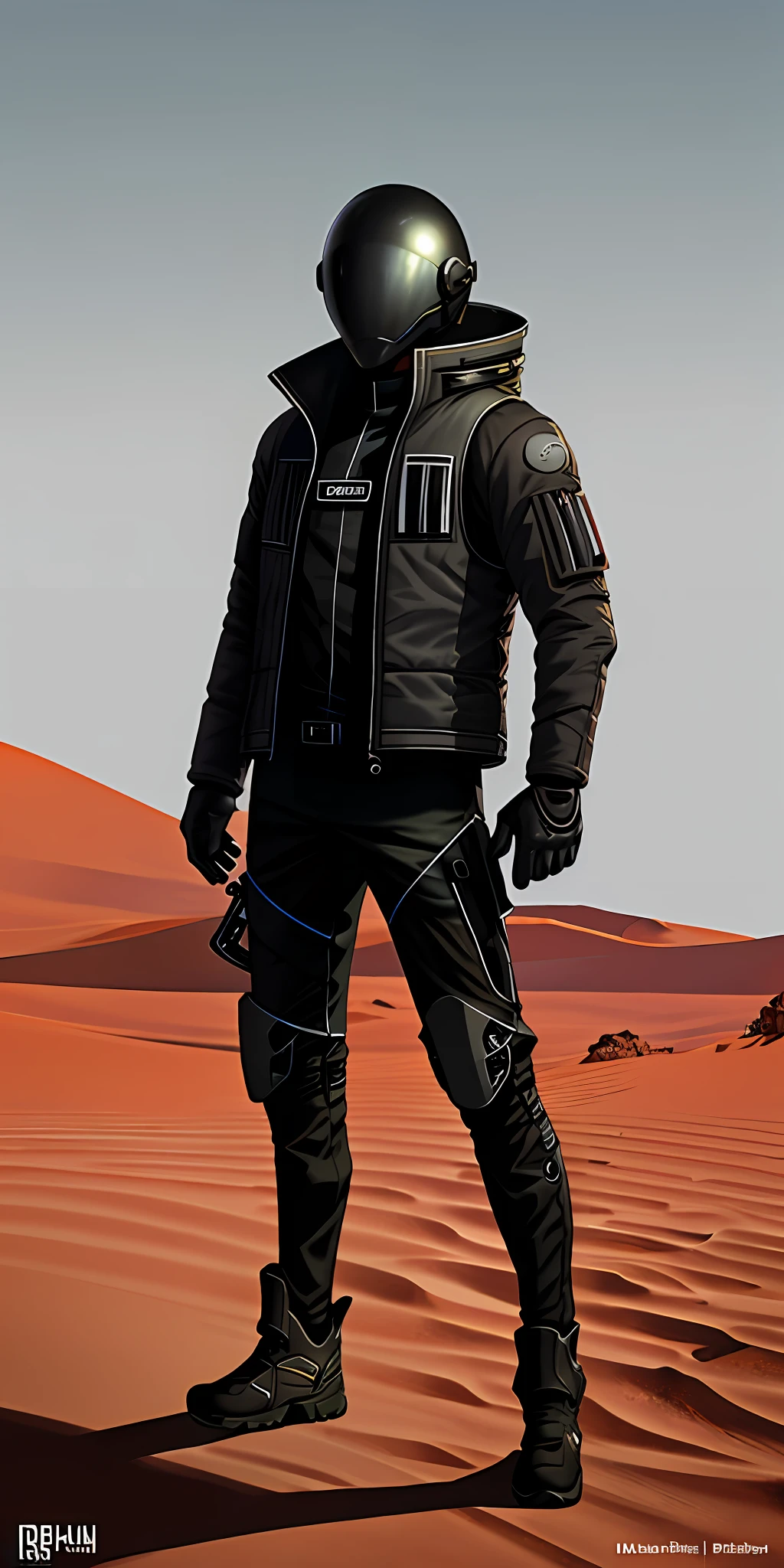 There is a man in a helmet, helmet and a coat standing in the desert, techwear look and clothes, wearing space techwear, future techwear, model is wearing techtical vest, techwear clothes, futuristic techwear, fashion techwear, techwear, wearing techwear and armor, focus on anti-g flight suit, wearing urban techwear, wojtek fus
