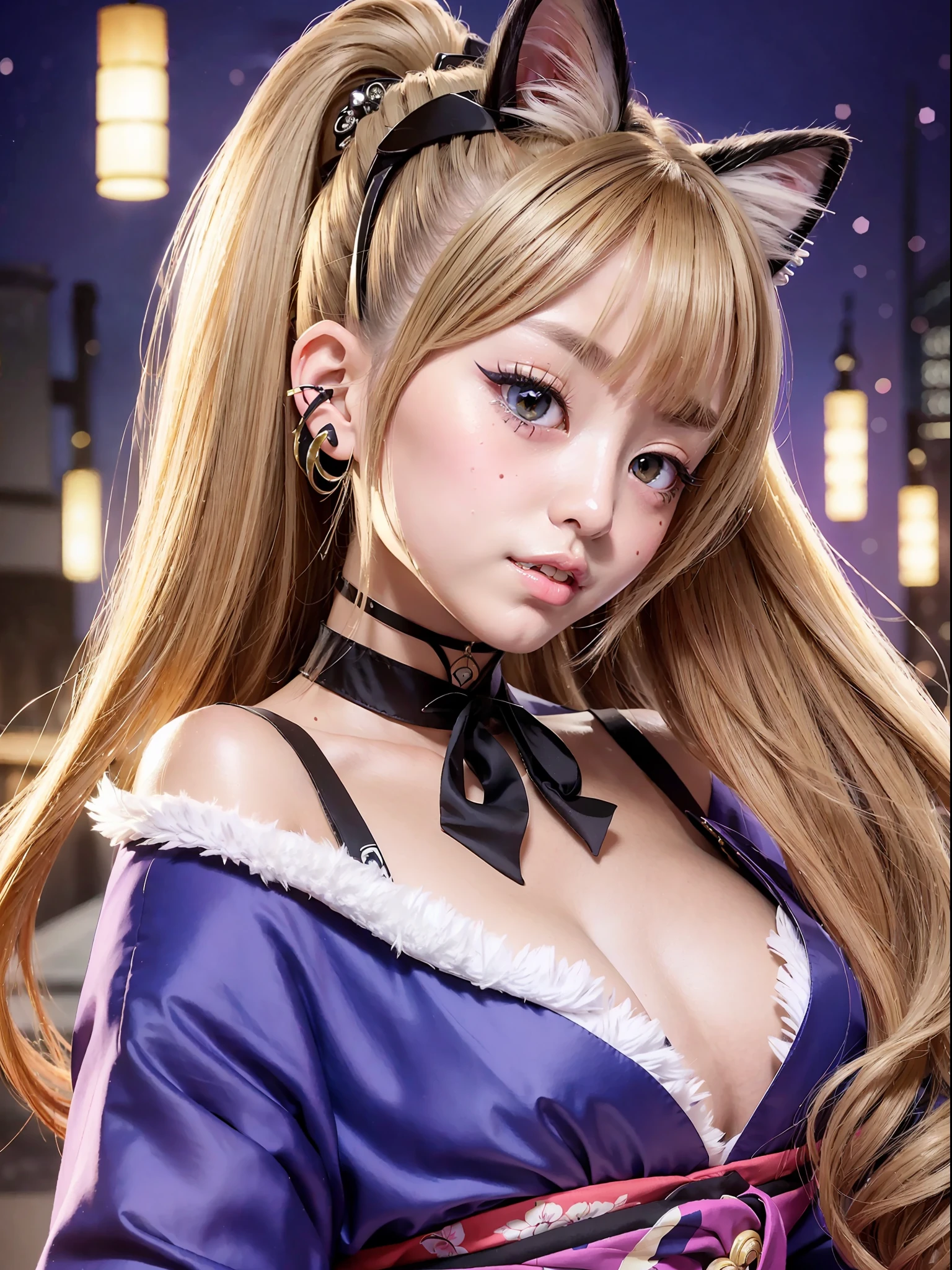 Masterpiece, high resolution, high image quality, (Ariana Grande: 1.9), American singer, actress, ((dark blonde hair], high ponytail without bangs, beautifully detailed choker, (((cat ear kimono))), human collar, (Chest is fluffy: 1.5)))))++, beautiful detailed eyes, (colorful kimono), (bewitching figure))++, (花魁)++, elegant, Taisho era scenery, ((Yukaku))), deep composition, wonderful illumination, light effect, night sky, mouth mole, absurdity, 8K, wonderfully absurd, beautifully detailed background, dynamic angle,