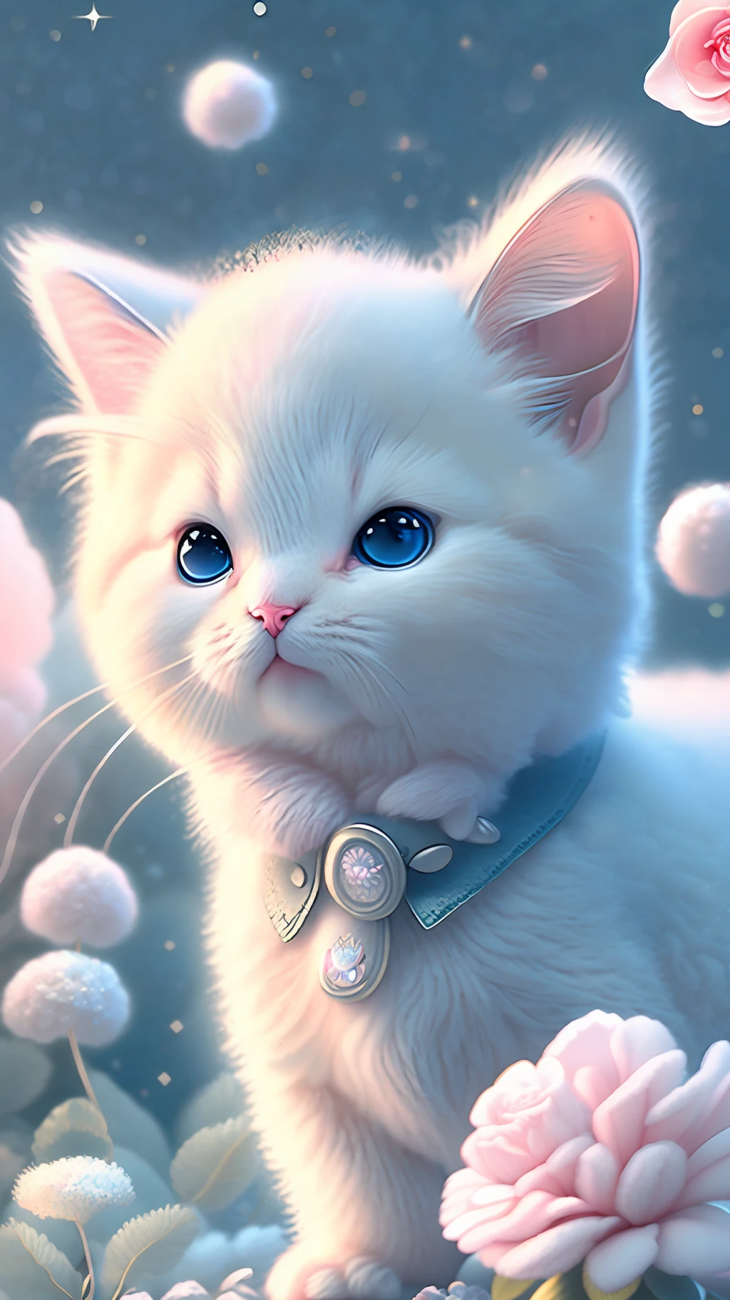 In this ultra-detailed CG art, cute kittens surrounded by ethereal roses, laughter, best quality, high resolution, intricate details, fantasy, cute animals, left, funny, left!! Mouth!!! Laugh!!!