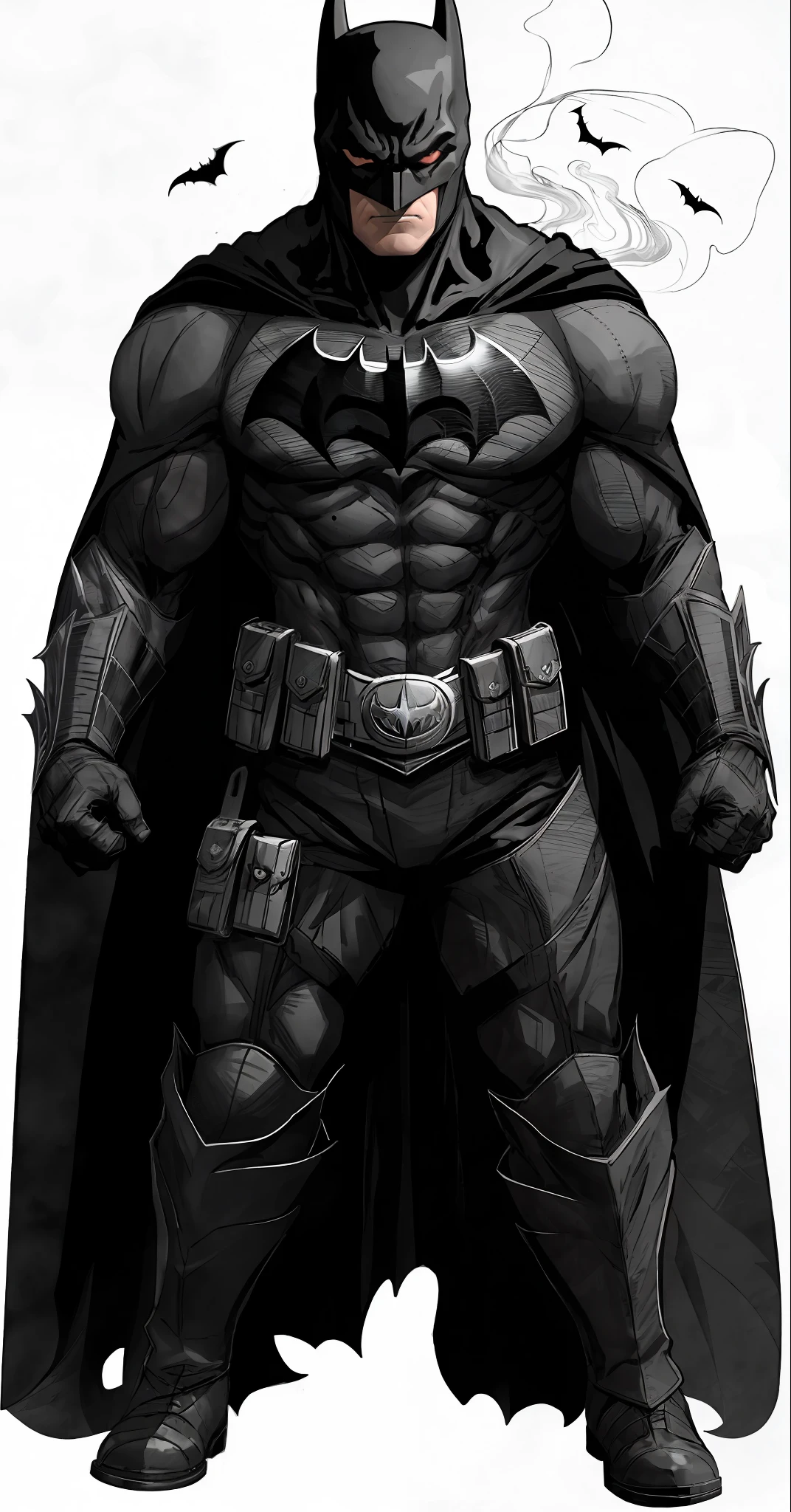 ((best quality, masterpiece)), black and white, long shadows, Gotham City, tall Batman silhouette, eyes as red as embers, smoke, bat wings, monochrome.