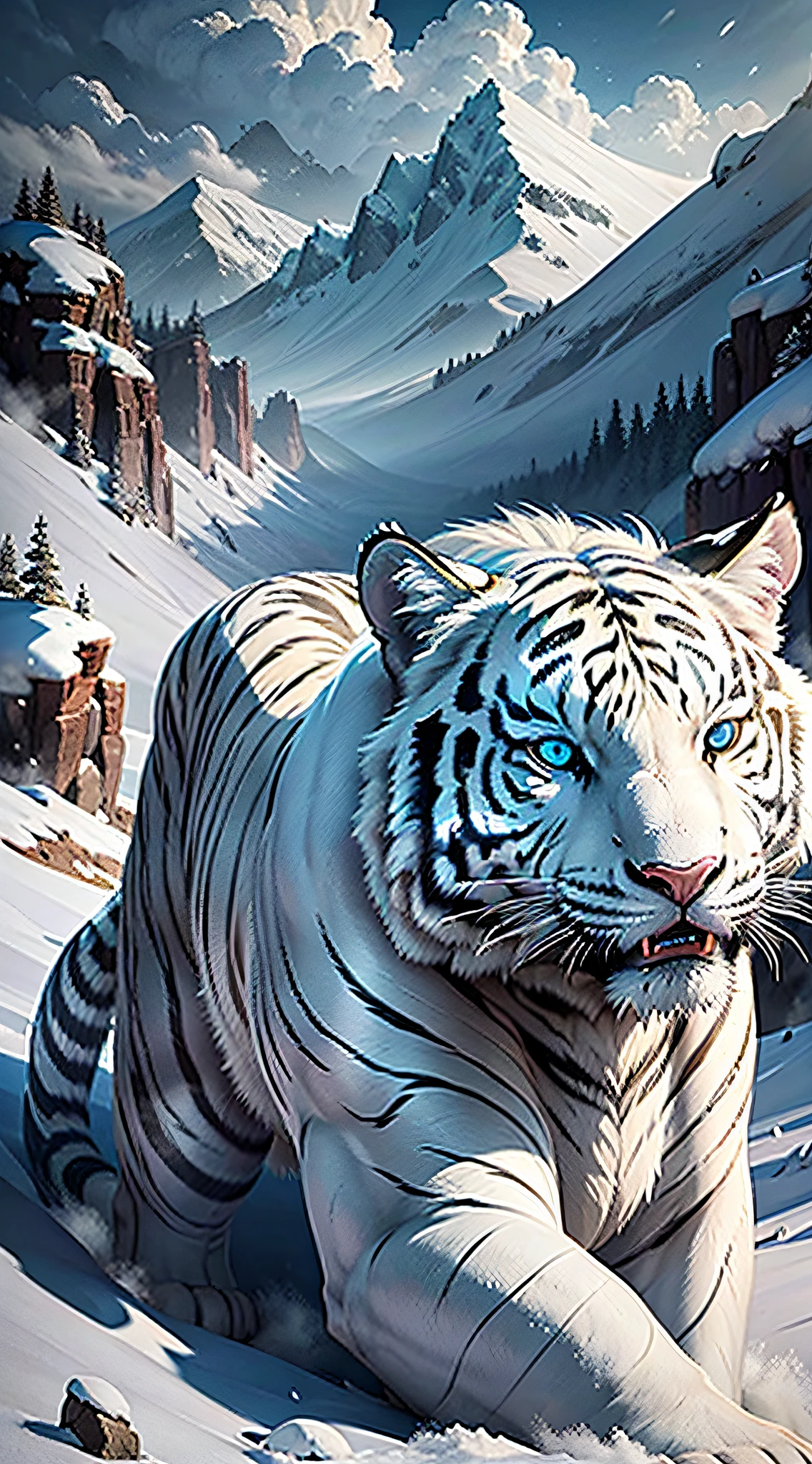 Mountains and seas through white tigers, sacred beasts, white tiger body tall, strong, white hair, like a white tiger made of clouds, its eyes are bright and spiritual, several feet long, the white tiger is a mountain spirit beast, its divine light Rui, the white tiger is a huge, snow-white spirit beast, living above the nine peaks, the tiger descends the mountain, the background is lofty mountains, there are ancient buildings below, lightning and lightning, the face is delicate details, the mouth is open, the perfect fangs, the neck has a thick mane, clear outline, perfect details, epic composition, the scene is grand, Ultra-realistic, surreal,