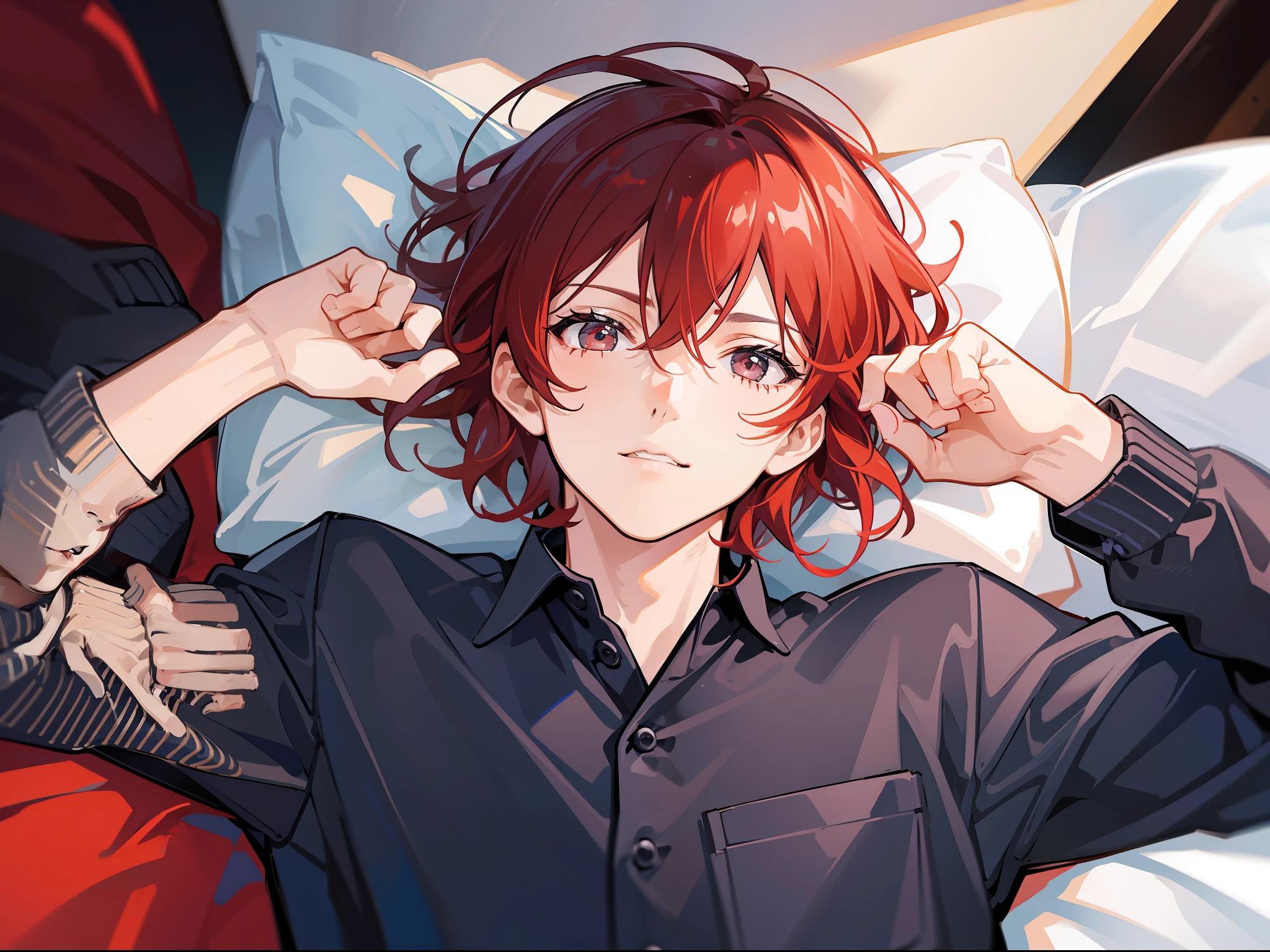 A man, one with short red hair and one short black hair, lies in bed, sleeping