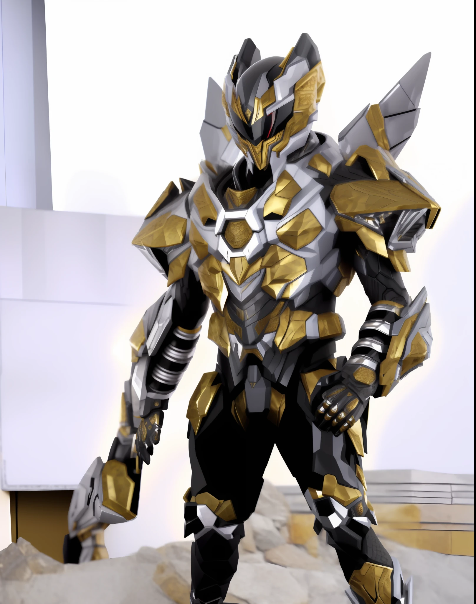 High fantasy Kamen Rider Tokuzu, wearing online Japanese style armor, stunning Kamen Rider action pose, golden obsidian pattern shining on the whole body metal armor. The Gold and Silver Armor Set is full of sci-fi feeling, with high brightness and detailed 4K quality. This is an extremely outstanding, detailed and meticulous masterpiece.