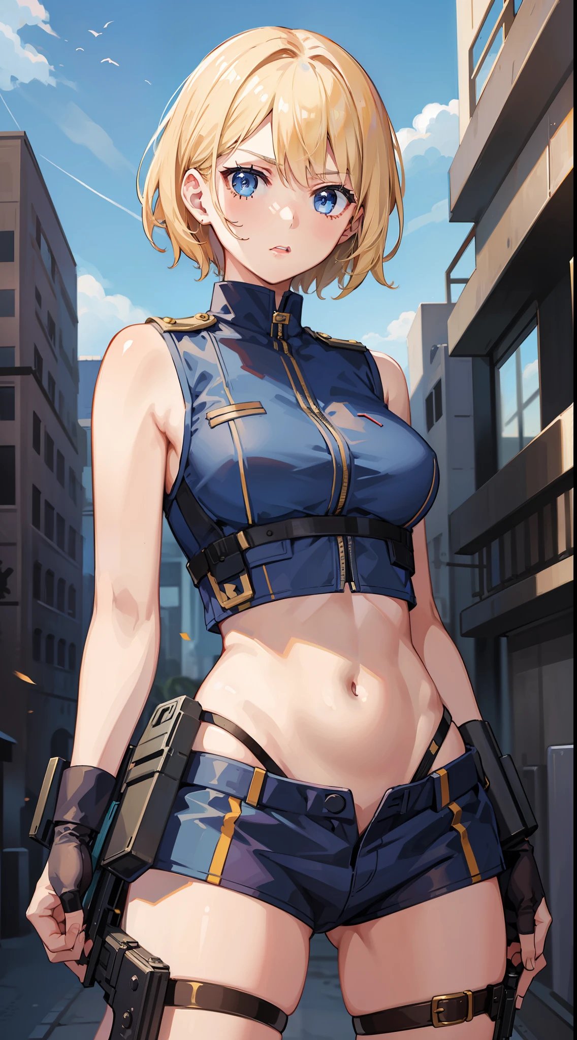 Young girl, short blonde hair, blue eyes, soldier's uniform, sleeveless, open belly, gun, serious look, masterpiece, high quality