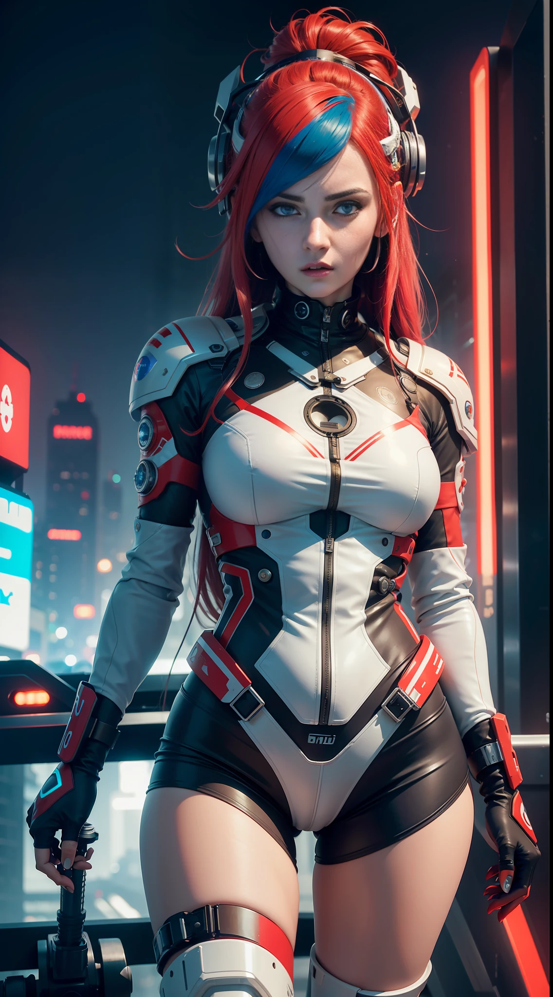 4K, UHD, cyberpunk female ride, futuristic technology bike, hips, small breasts, expression cold storage, delicate facial features, long white and red and blue hair, with red and white helmet, background futuristic city, night
