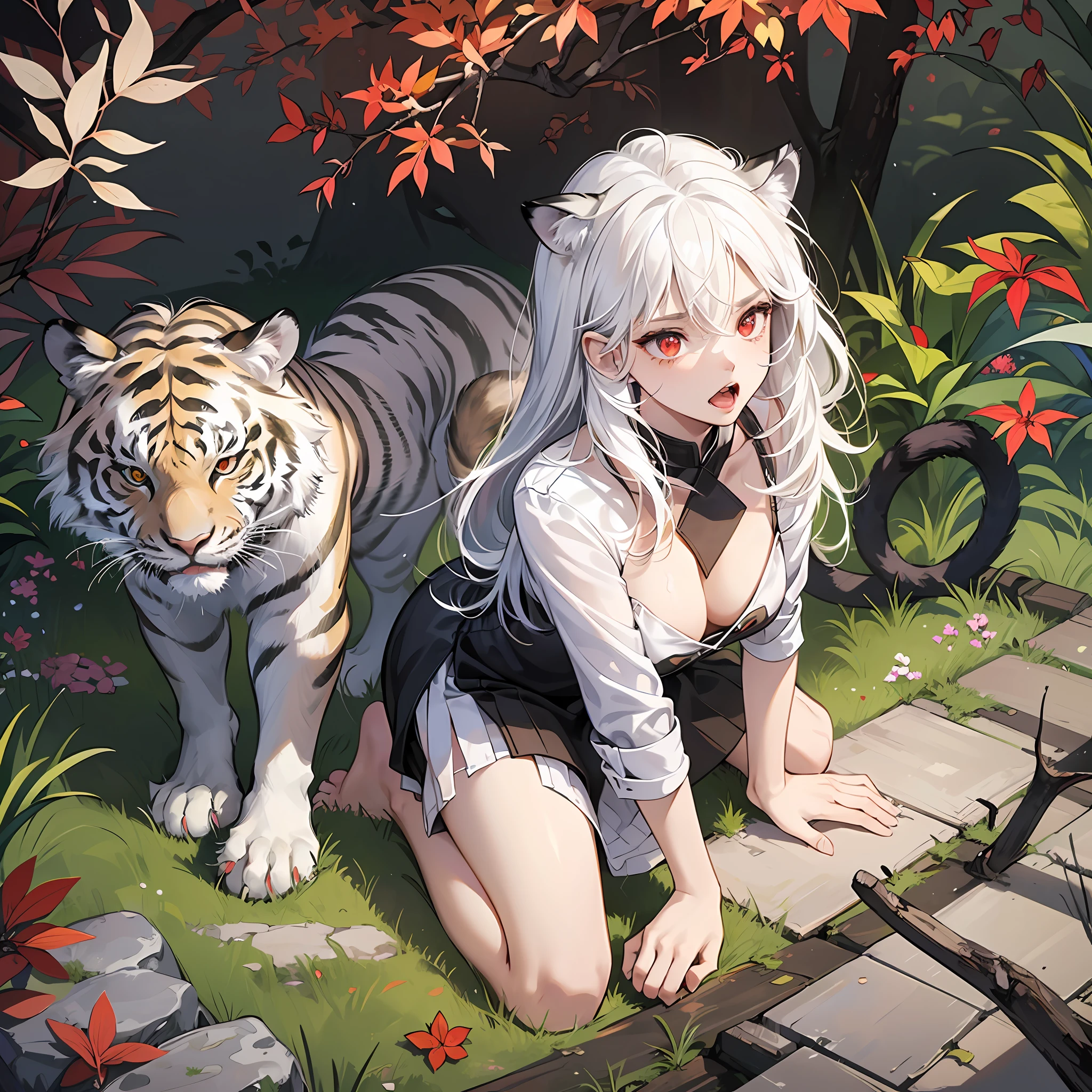 Best quality, high resolution, top-down view, bird's eye view, (((a girl)), (white hair), (cat ears), medium breasts, (white hair), (red eyes), wild beauty, correct limbs, white tiger stripe clothes, (no bra), ((bare feet)), fierce expression, fierce eyes, slightly open mouth, two tiger teeth), dim forest, kneeling, crawling on all fours, hands on the back, correct cat ears, correct tail, ray tracing, (only two hands), (only two legs) , white tiger pattern, in the forest, primitive painting style, wild painting style, (correct limbs) --auto --s2