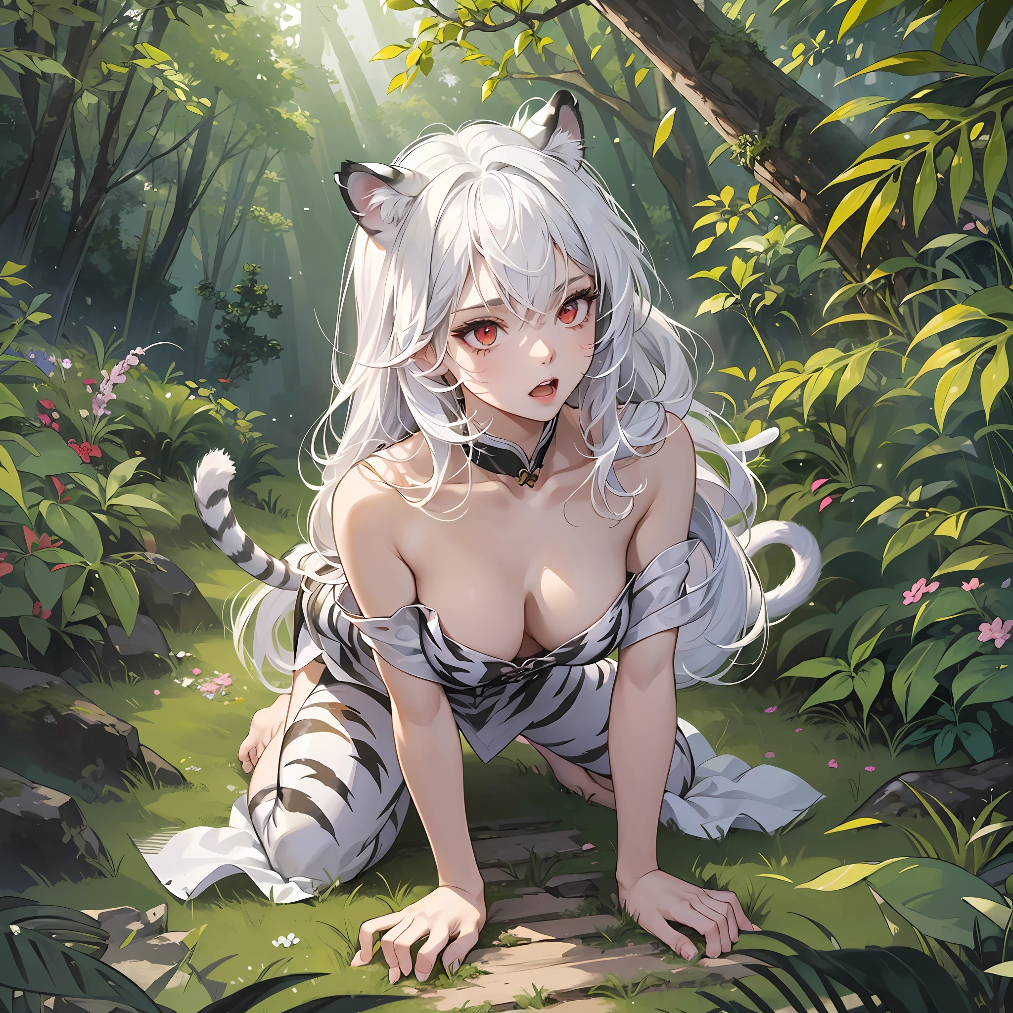 Best quality, high resolution, top-down view, bird's eye view, (((a girl)), (white hair), (cat ears), medium breasts, (white hair), (red eyes), wild beauty, correct limbs, white tiger stripe clothes, (no bra), ((bare feet)), fierce expression, fierce eyes, slightly open mouth, two tiger teeth), dim forest, kneeling, crawling on all fours, hands on the back, correct cat ears, correct tail, ray tracing, (only two hands), (only two legs) , white tiger pattern, in the forest, primitive painting style, wild painting style, (correct limbs) --auto --s2