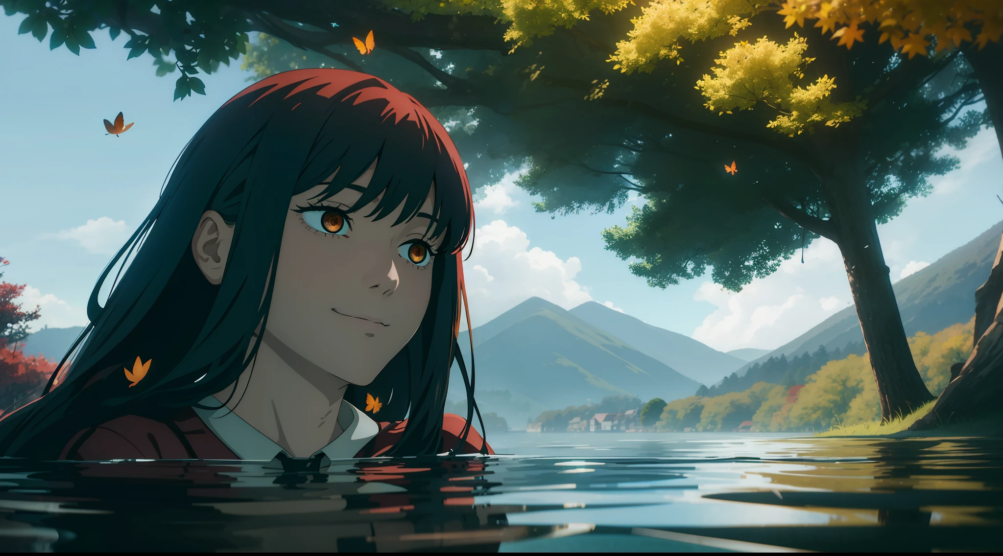 Description: 1smiling girl with long blonde hair and red dress in an underwater landscape. The scene is captured with the camera almost on the surface of the river, looking down. The water is clear and translucent, with autumn leaves floating as the wind blows strongly, making the leaves fly around.
Environment: The landscape is extremely green, full of trees, villages and mountains, with a giant tree standing out in the background. The seas are reflective and the flora creates strong shadows. The sky is extremely blue, with white clouds.
Lighting: The lighting is extremely strong, alternating between light and shadow, with special focus on the color green. Use ray tracing reflections and RTX to perfect the sunlight that illuminates every woman, making her hair and dress transparent and creating bright reflections.
Technical Details: Use Unreal Render, Octane Render and HDR to ensure quality in 8K UHD. Emphasize realistic skin details such as visible pores, and add lomography and film grain effects. The volumetric mist adds an artistic touch.
Additional Elements: Add colorful mushrooms, flowers and butterflies to create a fantastic atmosphere. The shadows and lights should be intense to reinforce the feeling of strong wind. Colors should be vibrant and vivid.
Observations: The image should depict only woman and nature, without any human construction. Emphasize the transparent red dress and the strong colors present in the scene. Style: Jojo Bizarre Adventure