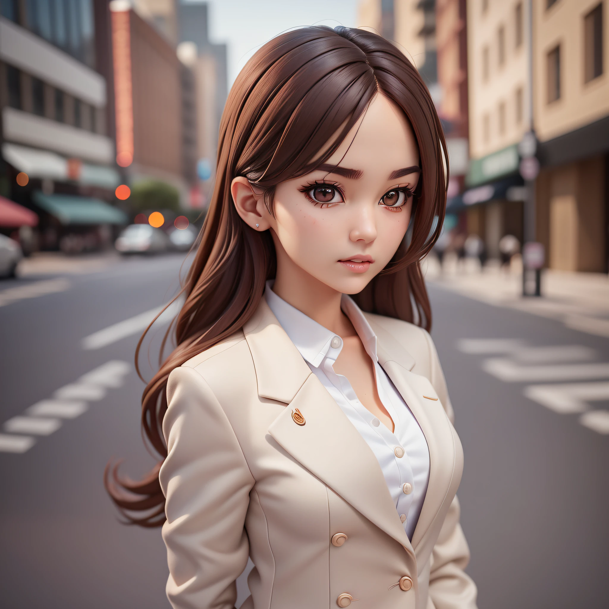 (Pixar 1.25 style) 1 woman ((upper body front, bust shot)), solo, front, very pretty face, very detailed eyes, brown eyes, very detailed nose, very detailed mouth, beauty, Korean, sophisticated feeling, women's suit, white shirt, gray suit, downtown area, ((masterpiece, highest quality)), (composite lighting)