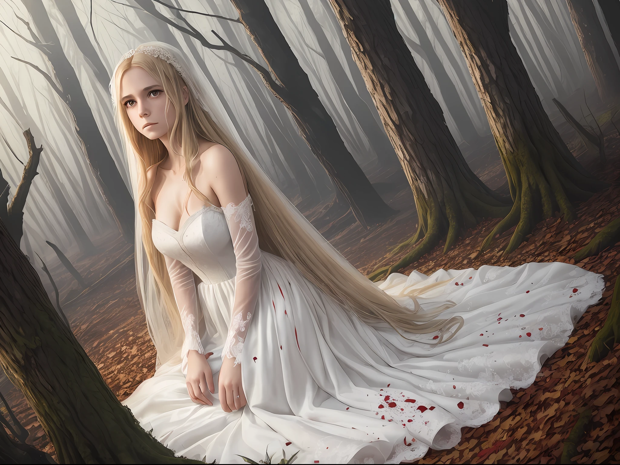 1 woman, wedding dress, long blonde hair, full body image, sad eyes and with tears of blood, white dress with blood stains, large and sharp nails, in a dead forest and lost at dusk --auto --s2