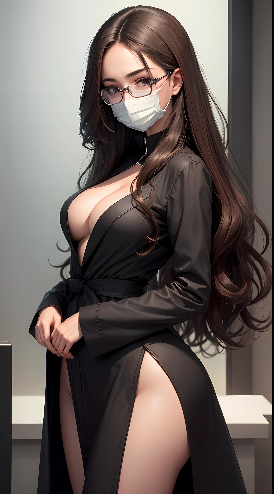 Best quality, 8k, beautiful woman, firm and medium breasts, wide hips, thin waist, long hair floating, real human face, detailed lips, big ass, pulled detailed eyes, round roato, dentist, black coat, office, dentistry, face with mask, sexy care, side view, perfect body, long wavy dark brown hair, black prescription glasses, seductive, dental chair, human face