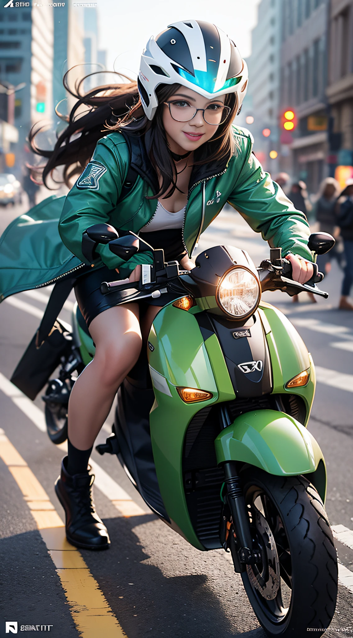 Girl Riding a green scooter with lights on in motion, arafed, high definition cgsociety, Octane cgsociety, digital art!!, speeding down the street, long hair flowing back, light behind, style photography, by derek zabrocki, cover photo, red and Cinematic lighting, photographed by Wayne England, blurry background, rtx on, particle effects flying around, specular lighting, hdr, octane, unreal, subsurface scattering, Film-like, (illustration:.4) , lights on, solo, smile, glasses, helmet, wind efects, busy city street, in the style of Eric Pare in motion, many people on the background, film photography, depht-of-field, bokeh, (frontlighting:1.2), (backlighting:0.75), (fill light:0.9), bloom, chromatic aberration, (lens flare:1.2),